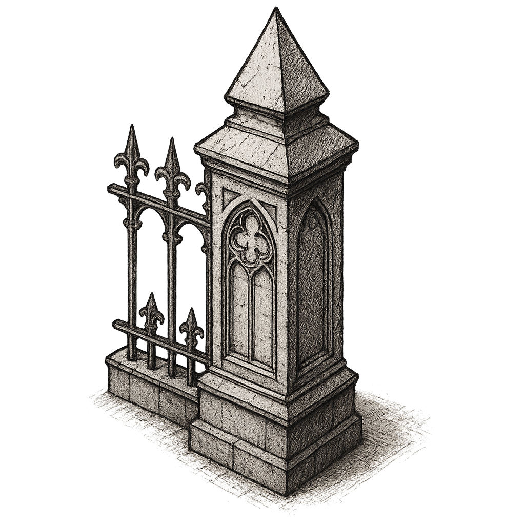 gothic style, fence pillar, drawn style, transparent background, isometric view