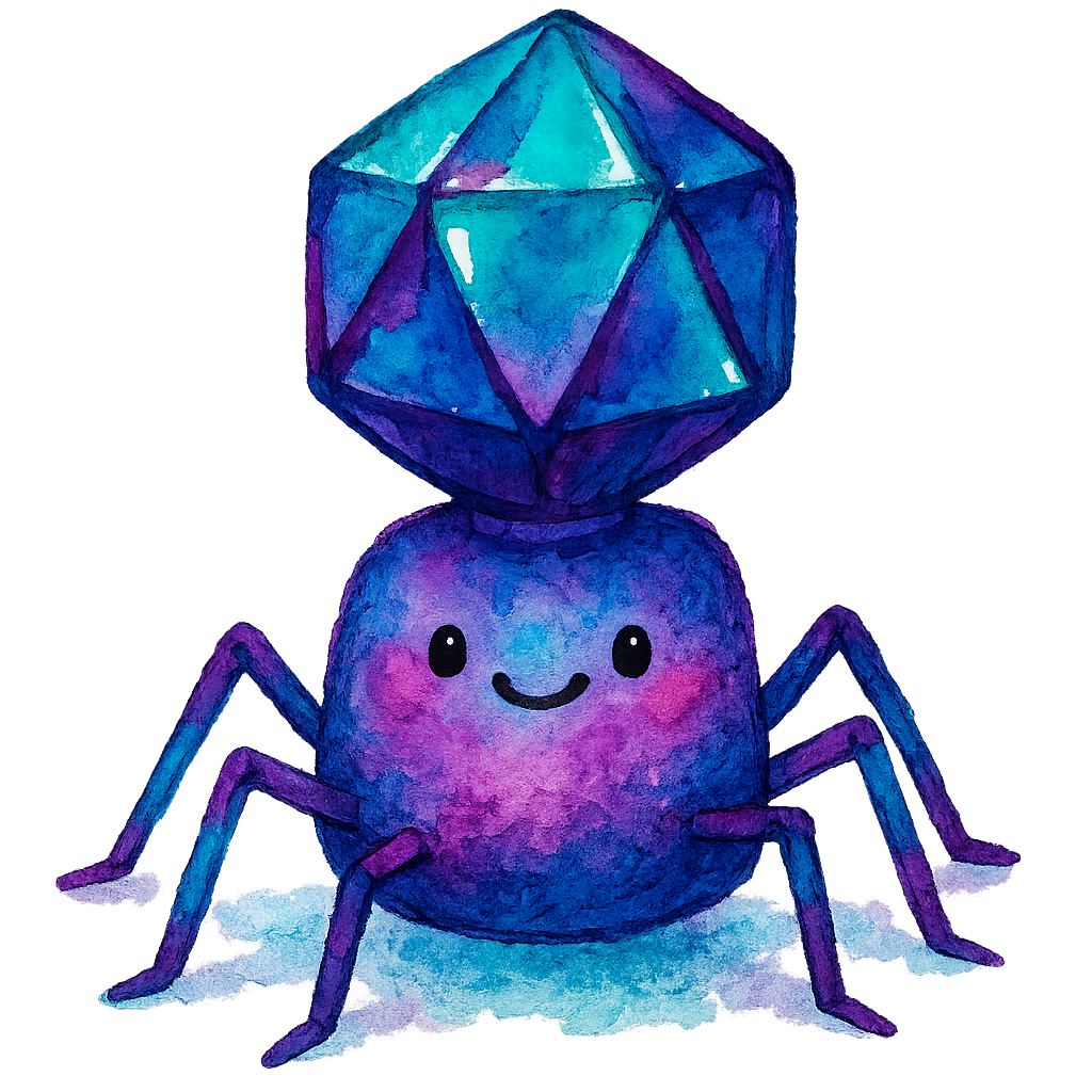 vibrant watercolor of a chubby bacteriophage with rich gemstone-like head, saturated violet/teal tones, tiny legs, adorable face, strong pigment edges, no text, no border, transparent background