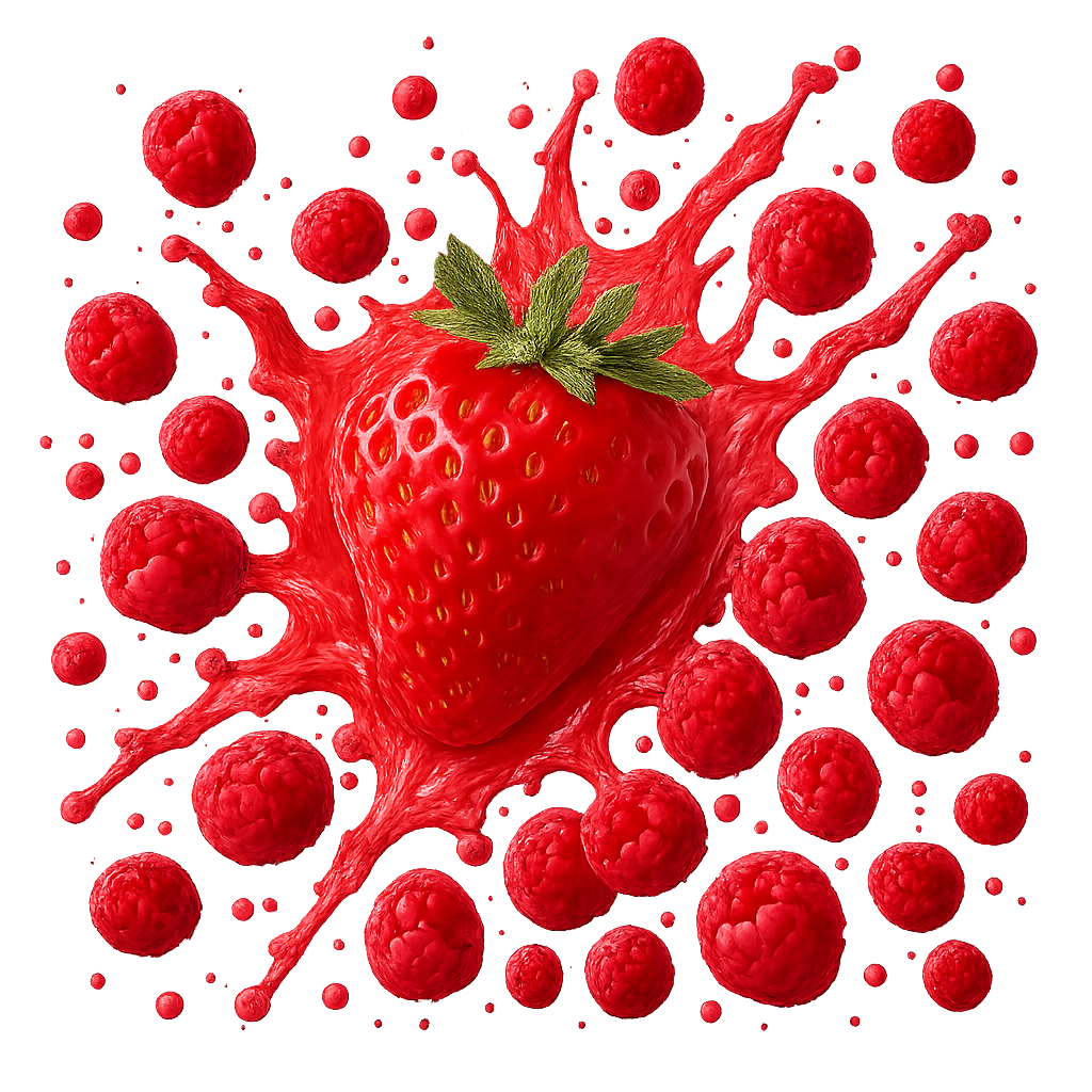 generate splash png images for STRAWBERRY & RASPBERRY with more splash and tiny fruits everywhere