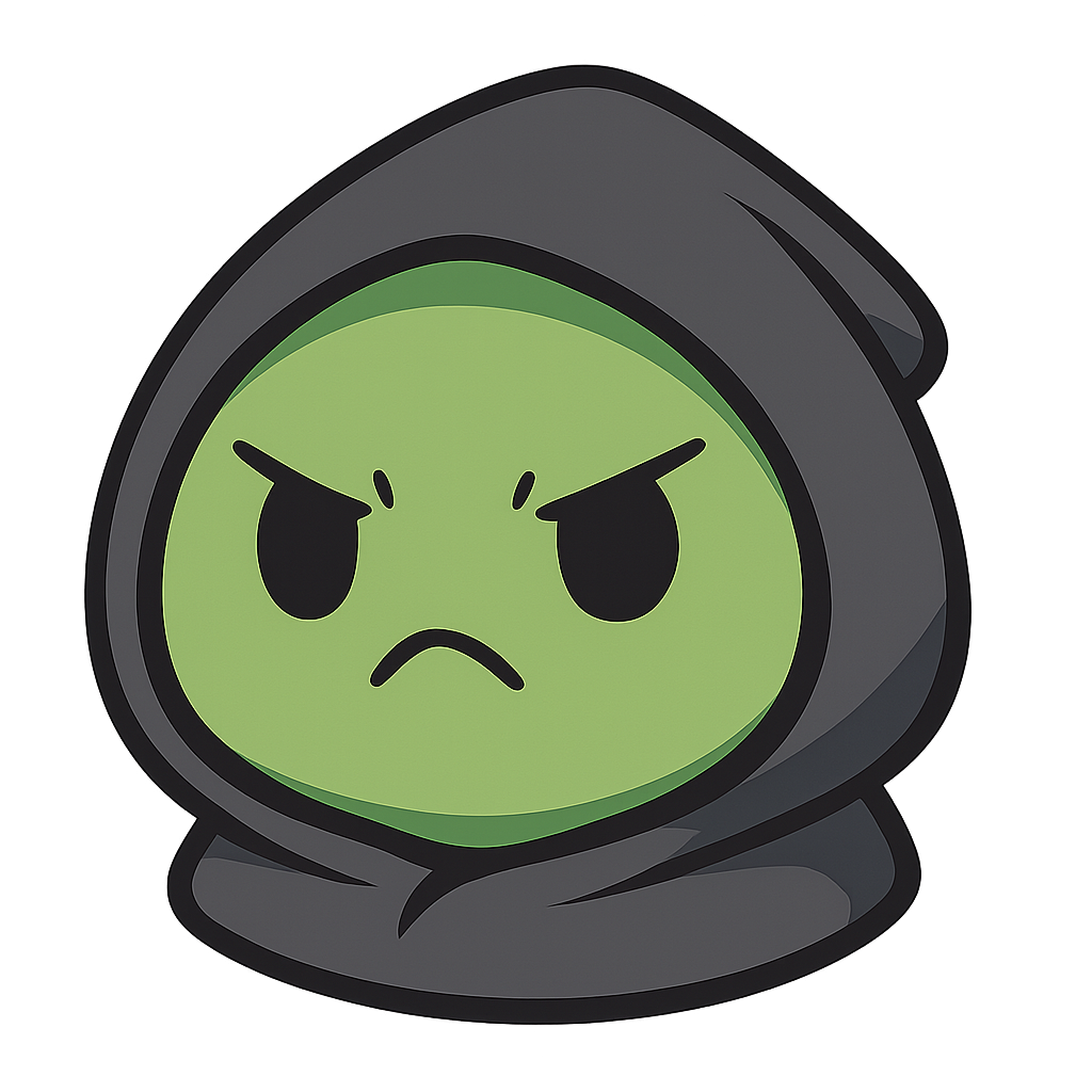 2D digital illustration of a Digimon-baby–inspired blob character, eyes frowning, mouth closed, head-only, rounded green blob face, dark gray hoodie hood framing the head, no limbs, no torso, cute chibi monster style, simple shapes, thick clean outlines, flat colors with subtle shading, centered composition, transparent background, high resolution, sharp edges, no blur, clear silhouette, vector-like clarity, PNG-style asset, no background, alpha channel, transparent PNG