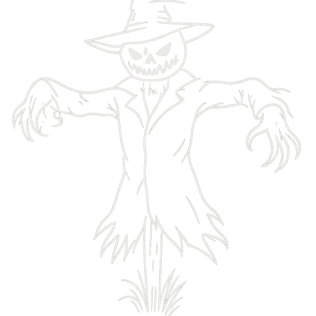 a white outline of a spooky scarecrow in a form of a man