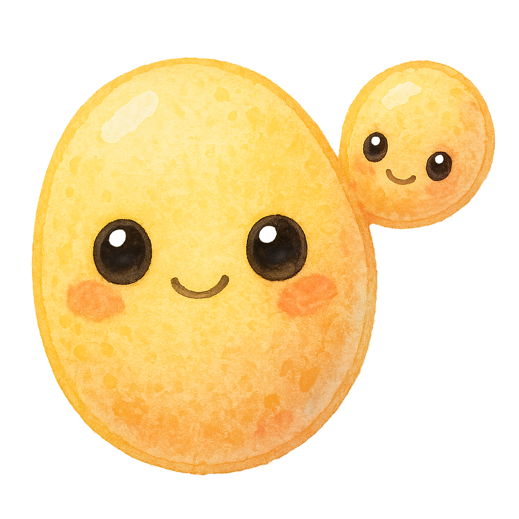 rich vibrant watercolor illustration, cute kawaii microbiology character, budding yeast buddy with two round connected cells, pastel sunshine yellow and peach pigments softly blended, tiny cell wall texture, big shiny eyes, rosy cheeks, soft edges, no text, no border, transparent background