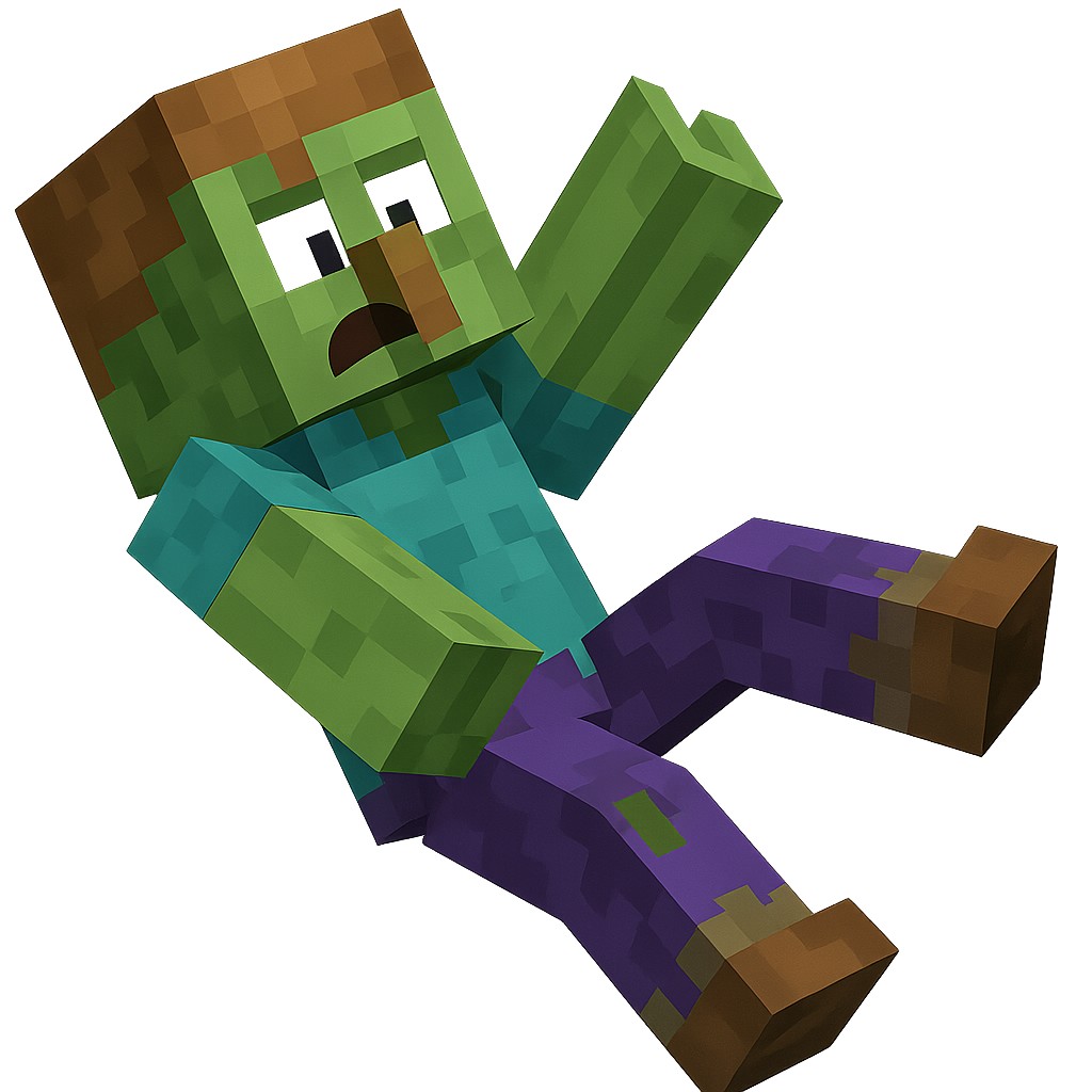 A Minecraft-style zombie villager, blocky and pixelated, shown from a side view. The zombie villager is mid-fall backwards with arms flailing and one leg bent, wearing tattered clothes and a surprised expression. The art should be sharp and clean — no motion blur and no shadow — and match Minecraft’s blocky texture style. Use a transparent or white background with bright, even lighting. no fingers, don't forget the nose!
