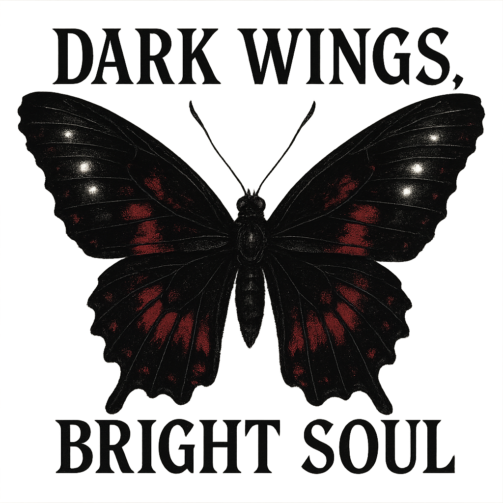 A dark gothic butterfly with black and crimson wings, glowing white highlights, with the phrase “DARK WINGS, BRIGHT SOUL” in gothic serif font, transparent background, high resolution, perfect for alternative fashion