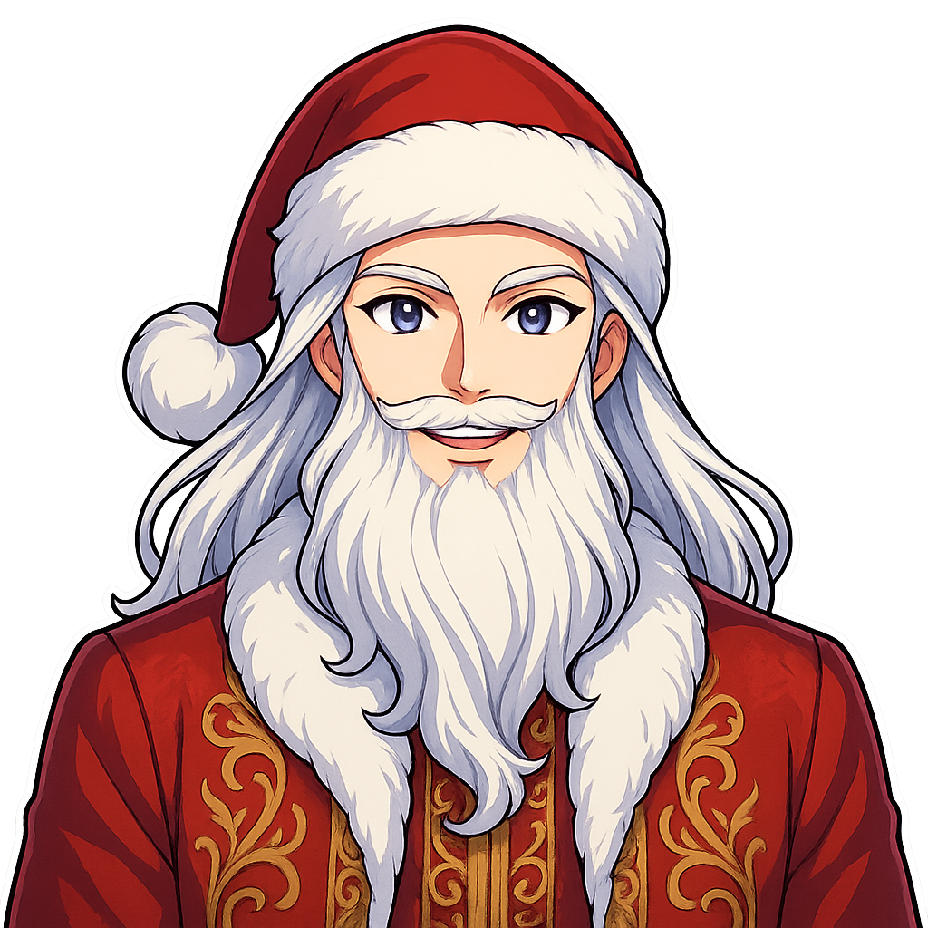 Handsome anime Santa Claus, upper body shot, full Santa hat and shoulders visible, facing forward, elegant face, expressive bright anime eyes, long silky white hair, well-groomed fluffy beard, luxurious red coat with golden embroidery, confident charming smile, vibrant colors, clean detailed lineart, fantasy anime illustration, high-resolution 3000x3000 px, sticker-friendly composition, transparent background Filename: SantaAnime_Front.png
