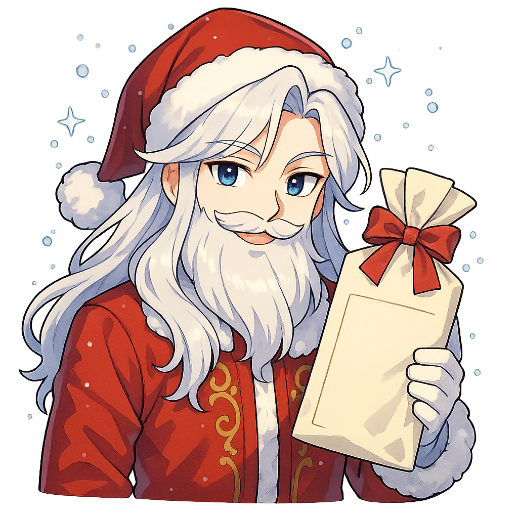 Cute handsome anime Santa Claus in anime style, upper body shot, full Santa hat visible, long silky white hair, fluffy beard, stylish red coat with golden embroidery, holding a large gift voucher or Christmas gift bag in one hand, playful side smirk smile, bright expressive anime eyes, sparkling snow around, vibrant colors, clean detailed lineart, high-resolution 3000x3000 px, sticker-friendly composition, transparent background, anime illustration style Filename: SantaAnime_GiftVoucher.png