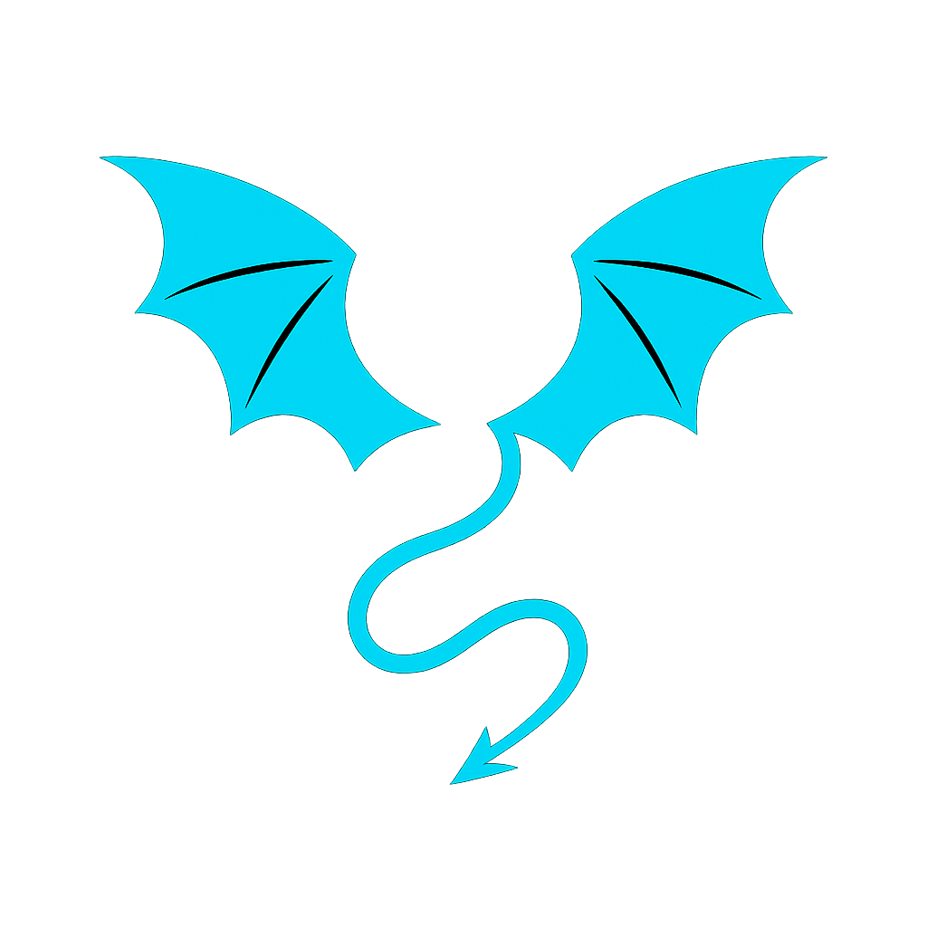 Minimalist vector illustration. **Isolated, stylized devil wings with pointed tips and scalloped edges, resembling bat wings. Below them, an isolated devil tail, thin and elegant, curving gracefully into a sharp, triangular barb at the end.** All elements feature sharp, clean lines and solid, uniform shapes without any gradients or textures. Absolutely no glow, neon, or reflective effects. High contrast design with all elements in a bright, vibrant cyan against a pure, plain black background. The overall aesthetic is clean, crisp, and emblematic of a modern, flat vector graphic