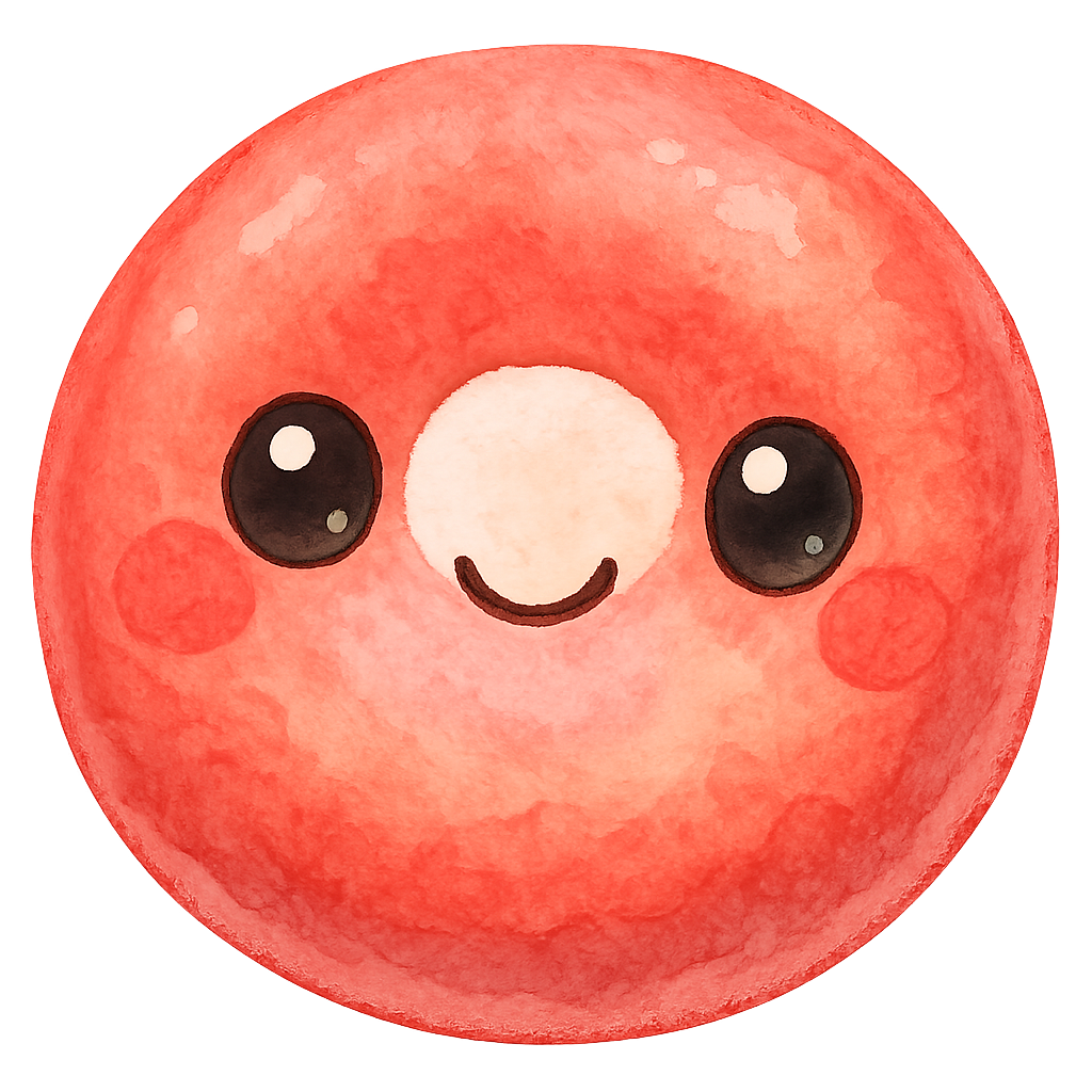 rich vibrant watercolor illustration, cute kawaii microbiology character, round donut-shaped red blood cell buddy with soft padded texture, pastel coral and peach pink pigments softly blended through the center, big shiny eyes with light colored highlights, rosy cheeks, soft edges, no text, no border, no color overlapping graphic outline,transparent background