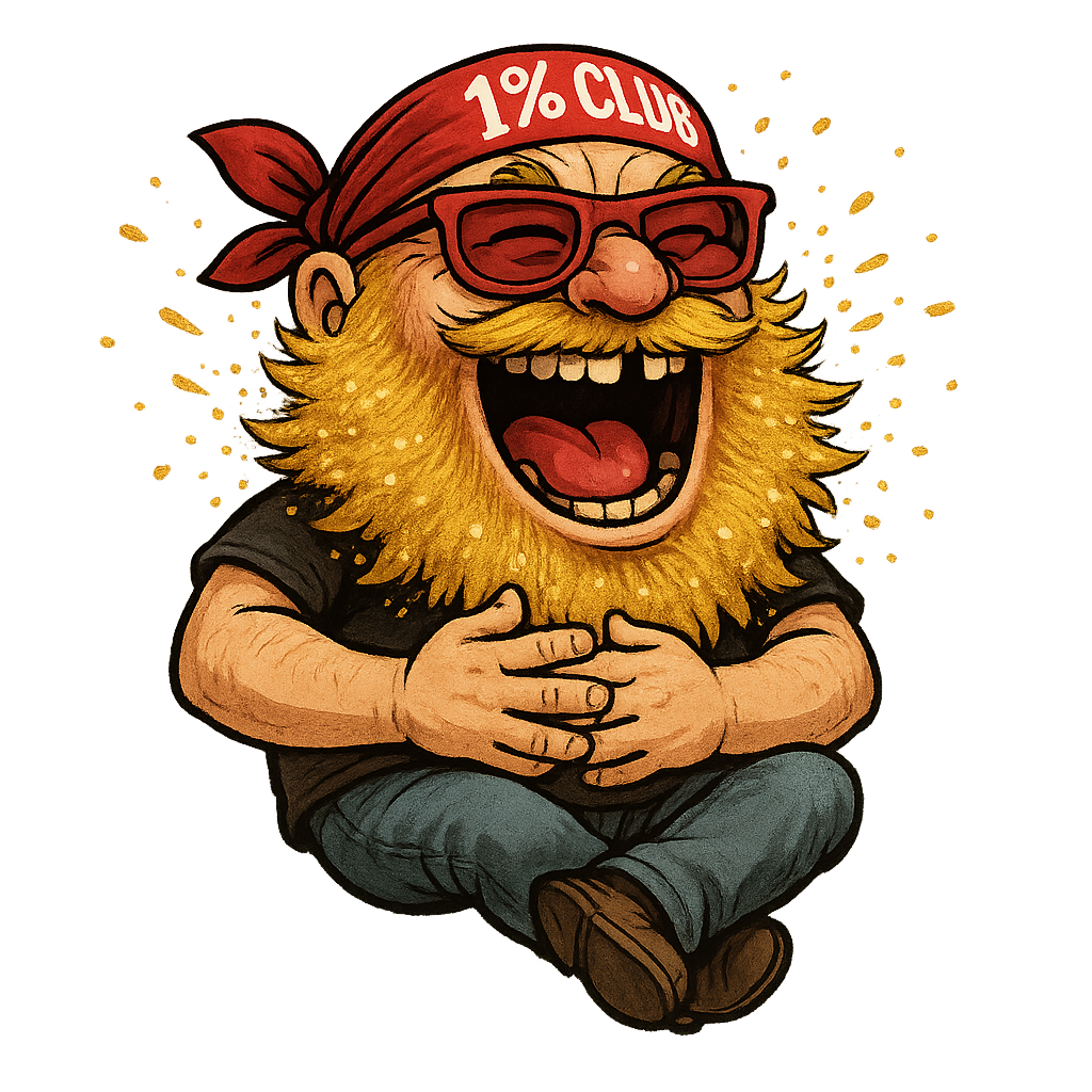 Same character as base prompt (golden explosion beard, red sunglasses, '1% Club' red bandana), now laughing hysterically with hands on belly, mouth wide open showing one missing tooth, golden beard particles flying, eyes squinted, legs crossed mid-air, transparent PNG.