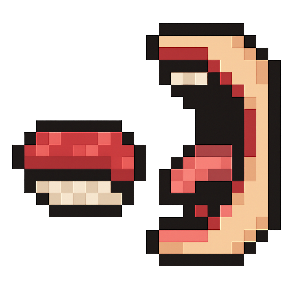 pixel art 8-bit style, a piece of tuna sushi , positioned near a large open mouth in the same pixel art style, ready to be bitten, transparent background, square icon format