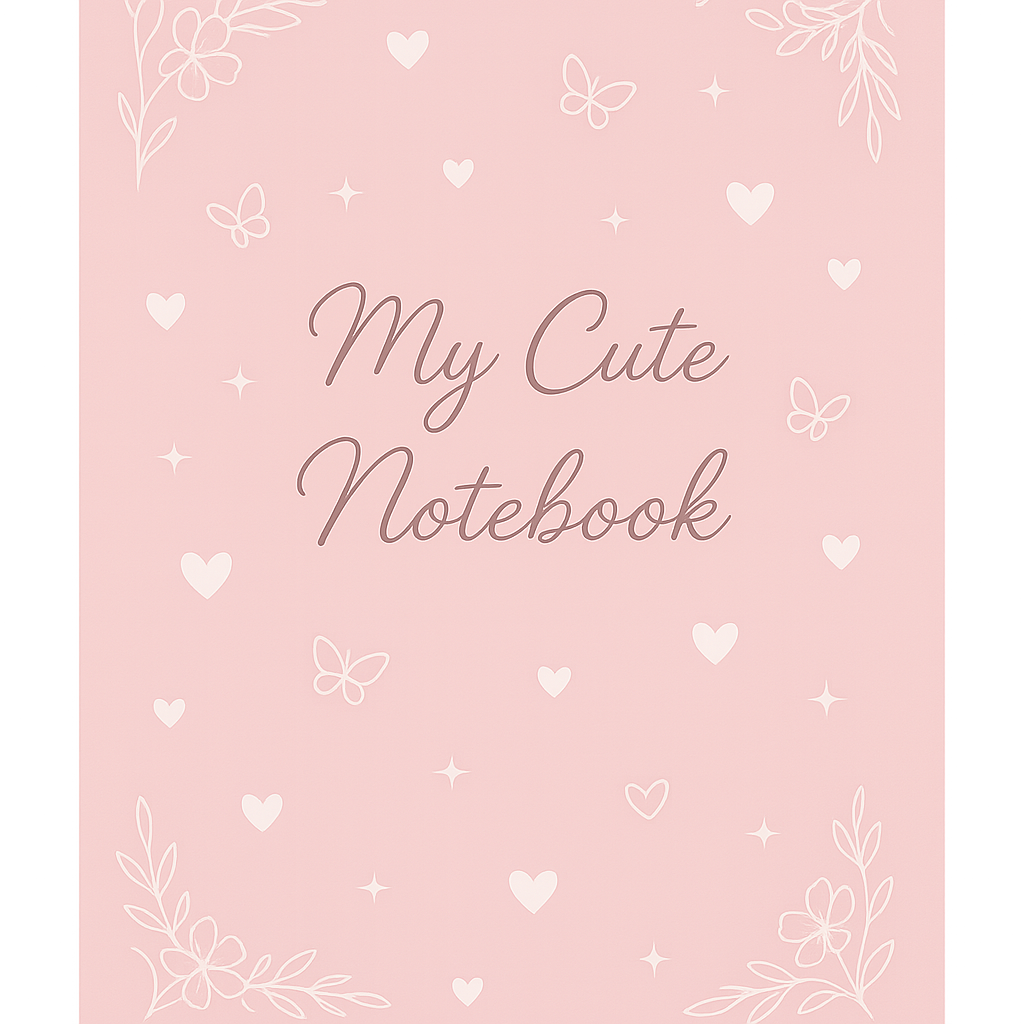 a cute pink notebook cover design for girls, soft pastel pink background with delicate white hearts and butterflies, subtle sparkles, elegant hand-drawn floral corners, modern minimalist style, centered title “My Cute Notebook” in elegant cursive font, high quality, aesthetic, feminine and elegant