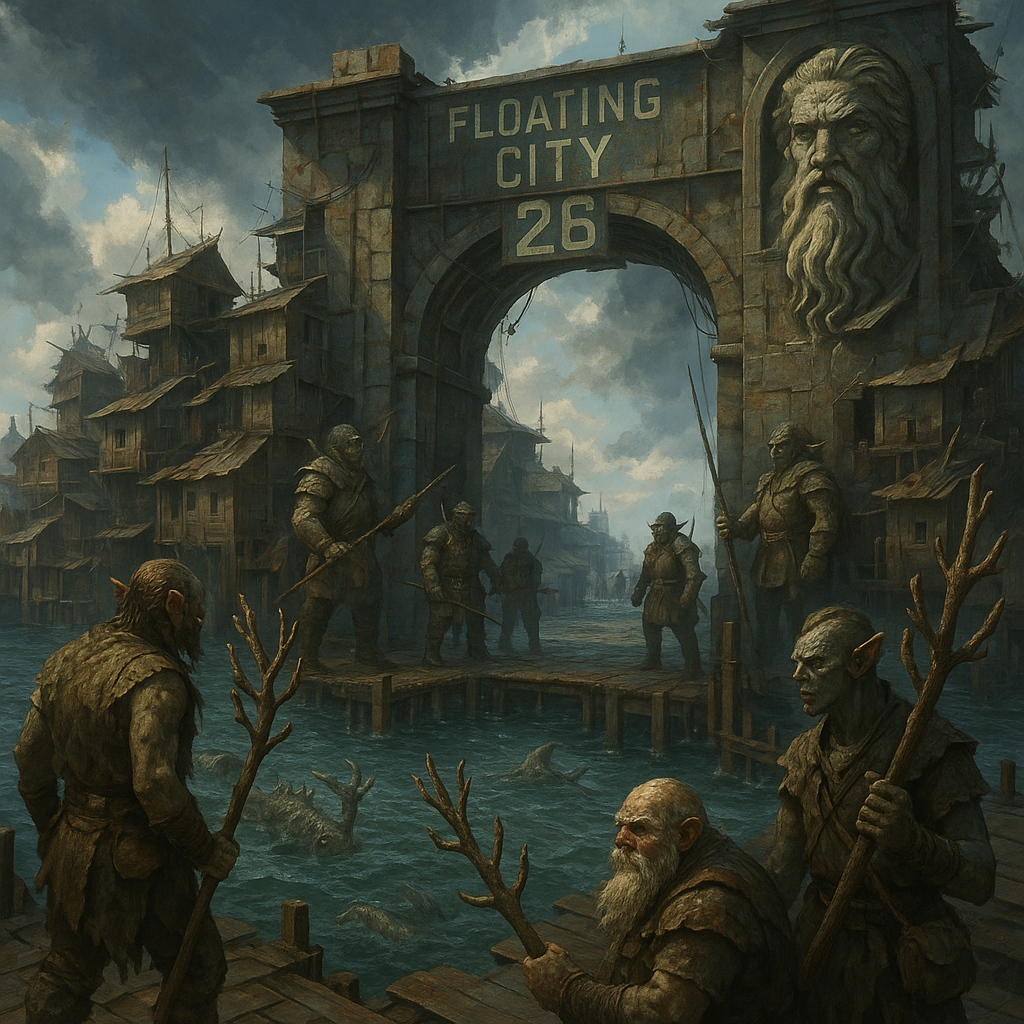 A post-apocalyptic water settlement city with people in torn fantasy attire, armed with coral weapons, a dystopian scene with a makeshift city structure made of scrap metal and wood. The sky is a dramatic blue, with a contrast of sunlight breaking through in the background, casting light on the water. The style is CINEMATIC, capturing the chaotic and dynamic environment. The composition is asymmetric, emphasizing the intensity and urgency of the scene. The mood is tense and survival-focused, set in an indeterminate time of day, likely midday. The color palette includes muted blues, browns, and grays, with a gritty and detailed appearance. cinematic, single large gate and dock entrance, says floating city 26, orcs and dwarves, stone image of ocean god, sea creatures in water, gate guards