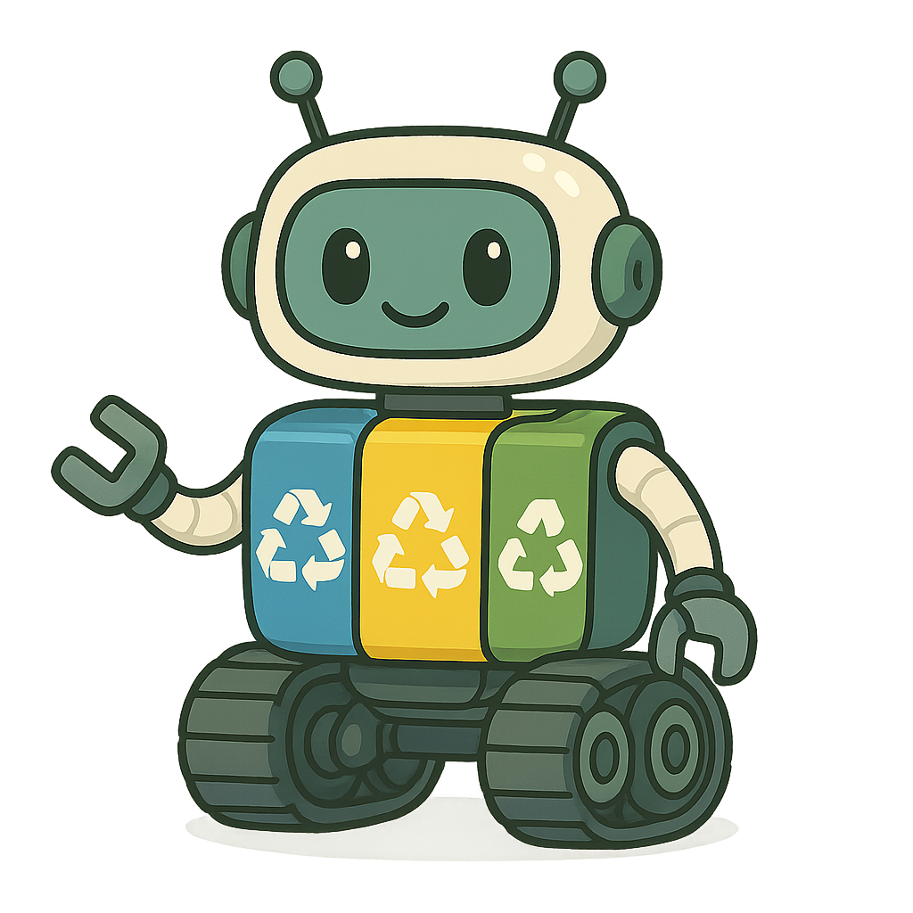 A cute eco-friendly robot designed in a clean cartoon illustration style, inspired by recycling themes. The robot has a friendly design with soft, rounded shapes and expressive digital eyes. Its body is made from colorful recycling bins — blue, yellow, and green panels — with white recycling symbols integrated into its design. The blue part represents paper, the yellow part represents plastics, and the green part represents glass. The robot has small mechanical arms for sorting trash, and tank-like wheels or treads for movement. The style is flat and bright, with smooth vector-like outlines, minimal shading, and soft shadows. Educational, positive, and environmentally themed character. Transparent background, high-resolution PNG, perfect for 2D game sprite.