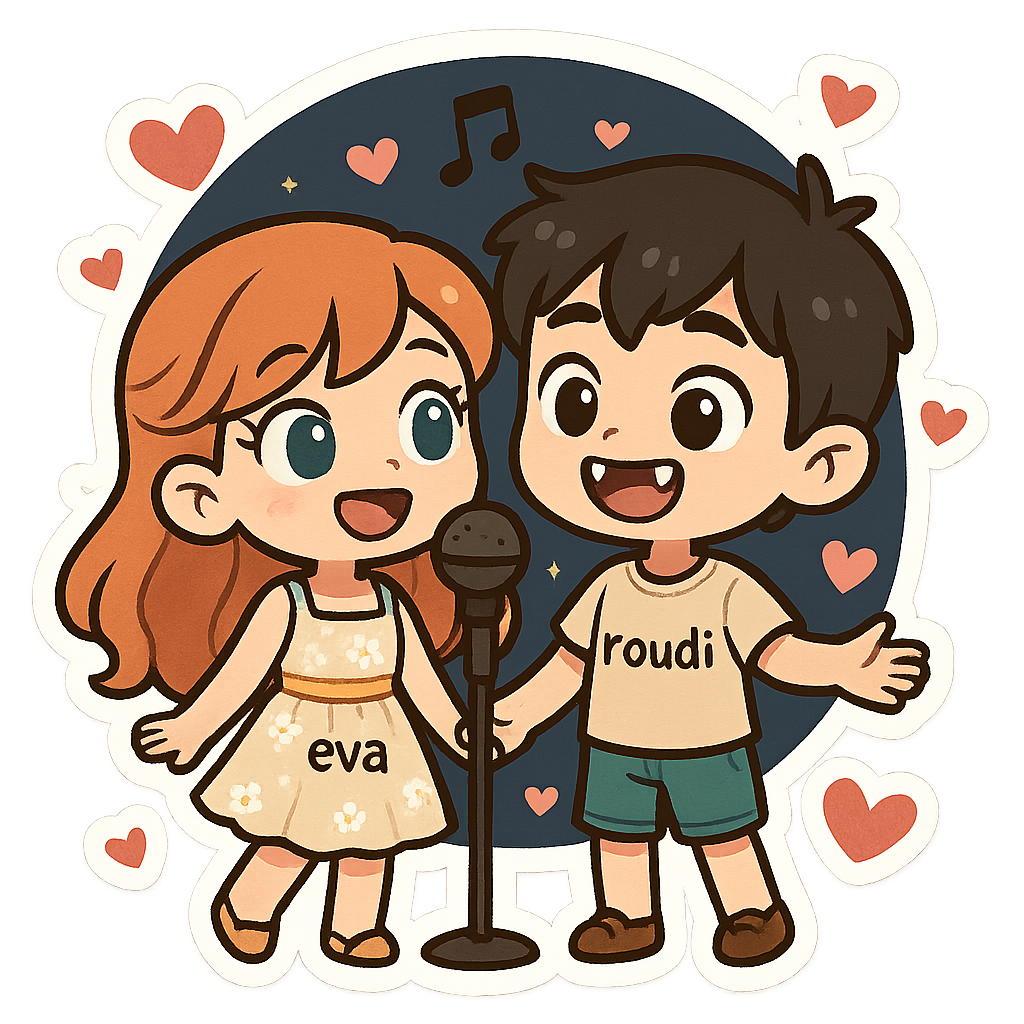 Cute cartoon couple, girl with orange hair and blue eyes wearing sweet dress of summer with "eva", boy with black hair and brown eyes vampire teeth wearing cute outfit of summer with "roudi", singing in the studio of hearts in the night, sweet couple sticker style, transparent background, 512x512