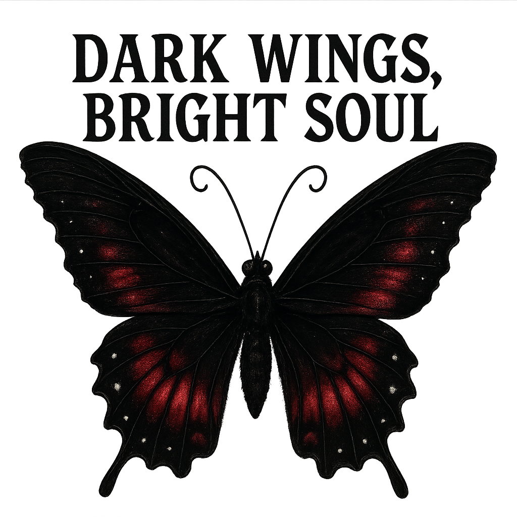 A dark gothic butterfly with black and crimson wings, glowing white highlights, with the phrase “DARK WINGS, BRIGHT SOUL” in gothic serif font, transparent background, high resolution, perfect for alternative fashion