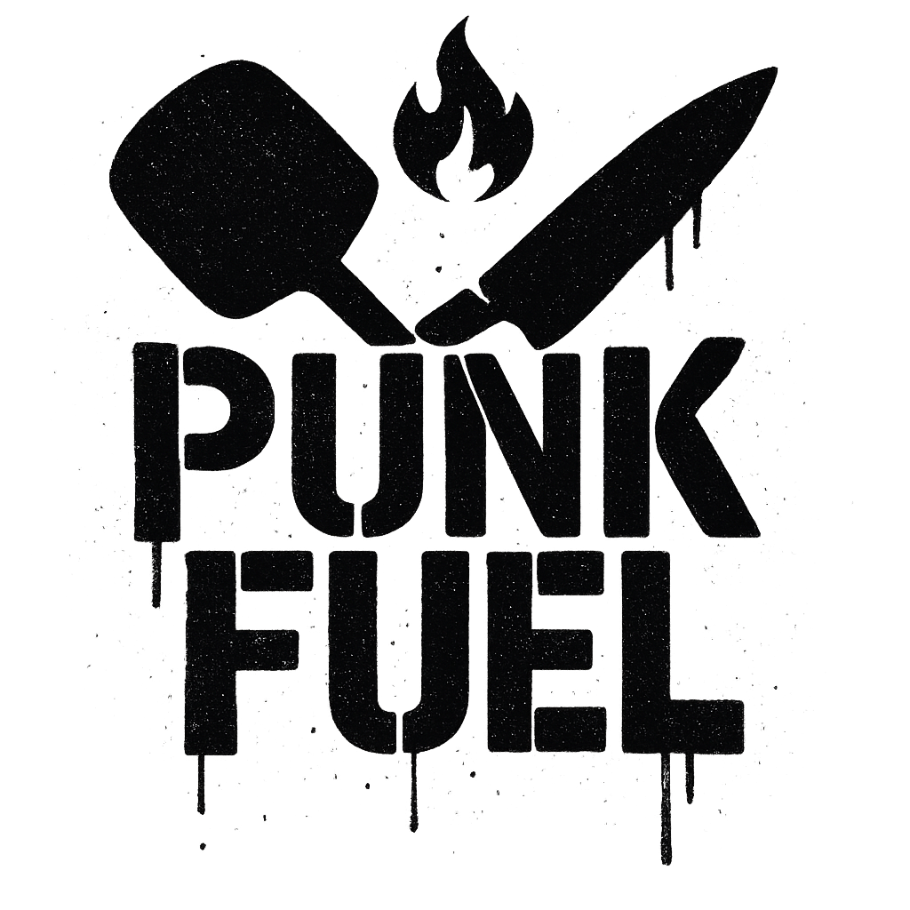 Punk streetwear spray paint stencil graphic, centered design. Text: "PUNK FUEL" in distressed spray-paint letters, paint drips, rough edges. Behind text: crossed pizza peel and chef knife like a skull-and-crossbones, small flame above the X, gritty underground food truck rebellion aesthetic. High contrast, vector, no background, perfect for screen printing.
