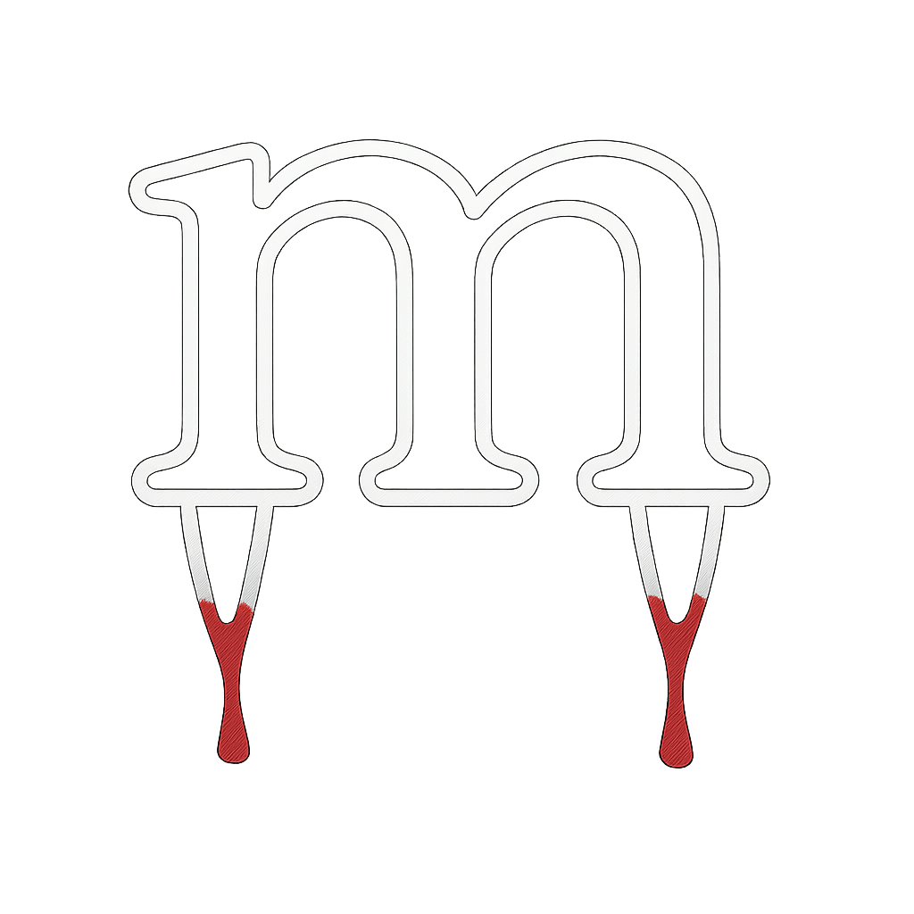 a white outline of the lowercase letter m with bloody fangs