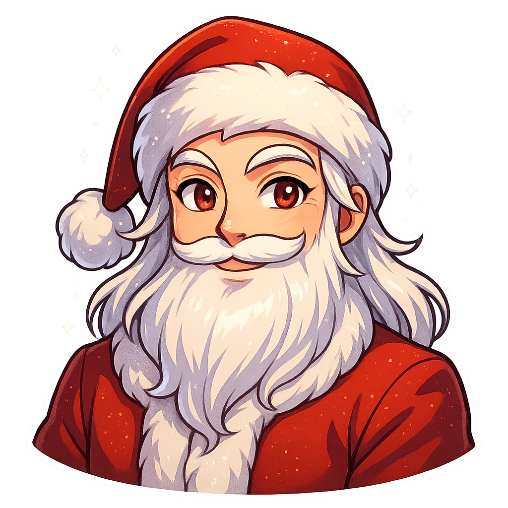 Handsome anime Santa Claus, upper body shot, full Santa hat visible, shoulders included, elegant face, bright expressive anime eyes, long silky white hair, fluffy beard, luxurious red coat, playful cute smirk, sparkling snow effect, vibrant colors, high-resolution 3000x3000 px, sticker-friendly, transparent background Filename: SantaAnime_CuteSmirk.png
