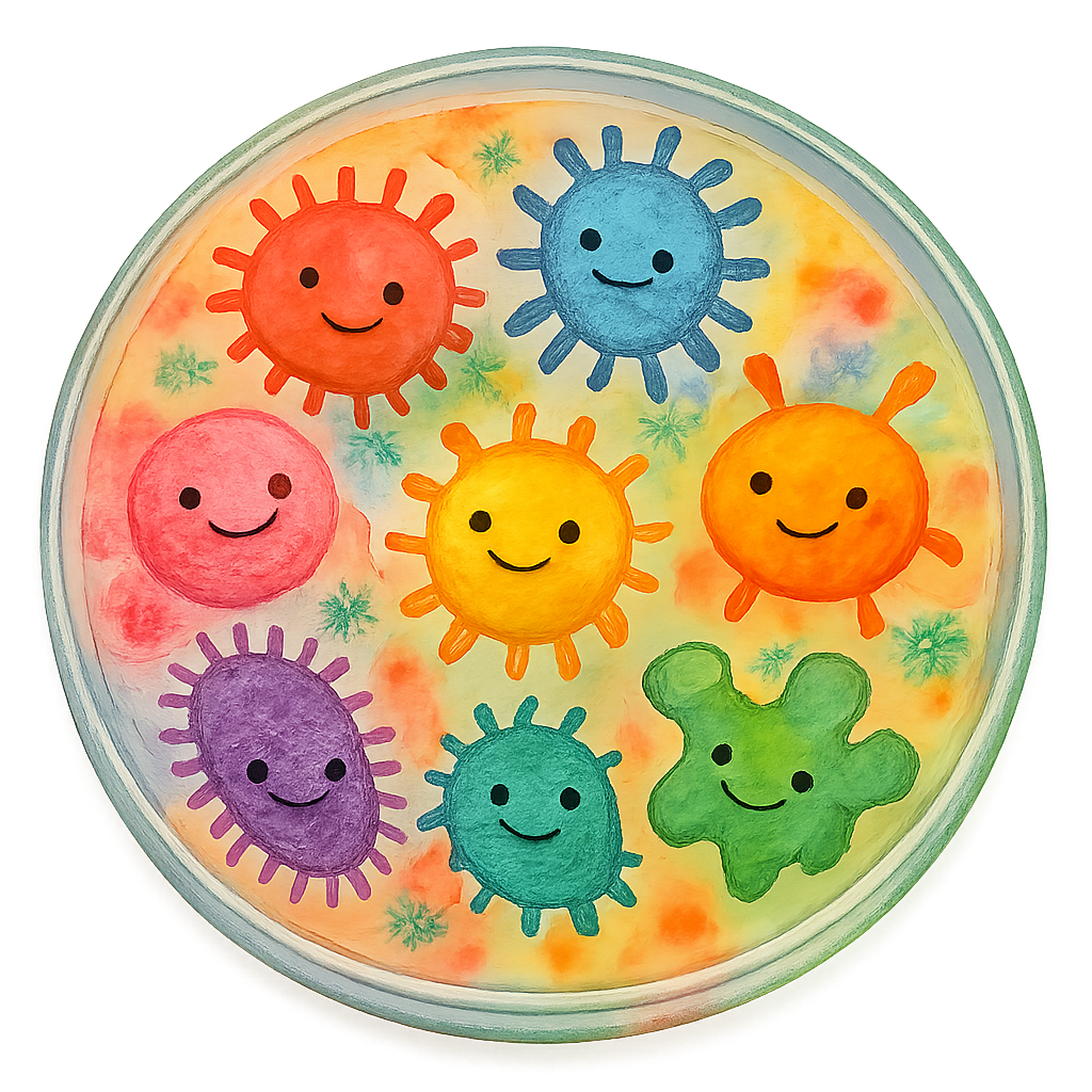 vibrant watercolor of a clear petri dish with richly pigmented colorful friendly germs, bold saturation, cute expressions, soft organic texture, no text, no border, transparent background