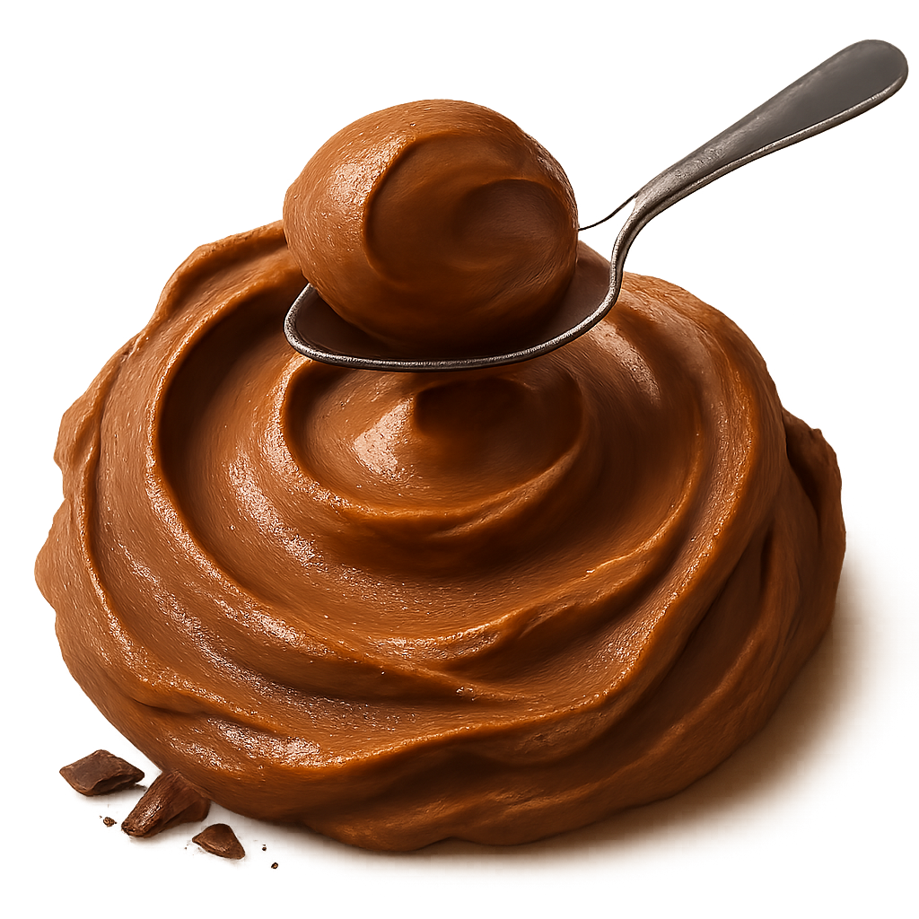 A realistic, appetizing swirl of chocolate peanut butter in rich cocoa-brown and warm nutty tones. The swirl must look natural and hand-scooped — with soft uneven ridges, gentle peaks, and organic flowing curves (NOT a perfect circle). The peanut butter should look thick, creamy, and luscious with a velvety smooth surface and natural glossy highlights, showing soft light reflections on the peaks and deeper shadows in the folds.   Place a shiny stainless-steel spoon **resting lightly on top of the swirl**, not dipped in, with a small, elegant scoop of the chocolate peanut butter sitting on the spoon — as if just lifted for tasting.   Add a few small, subtle chocolate pieces or delicate chocolate shavings near the base — elegant and minimal. Soft warm studio lighting for a cozy premium feel. Include a soft natural shadow beneath to make the swirl and spoon appear resting on the label surface.  **Transparent PNG**, no background, no bowl, no table. Centered composition, photorealistic, artisan food photography style.  **Do NOT:** make the swirl perfectly circular, too smooth like frosting, or symmetrical.