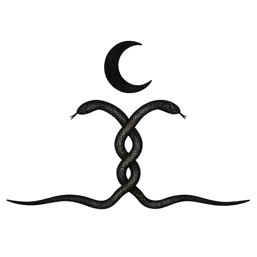 half moon and two intertwined snakes page divider black ink wide