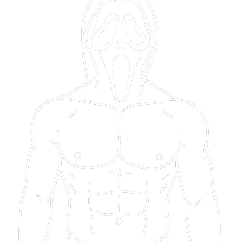 A white outline of Ghostface from the Scream movie, with no black robe, with man's bare chest and visible abs, transparent background