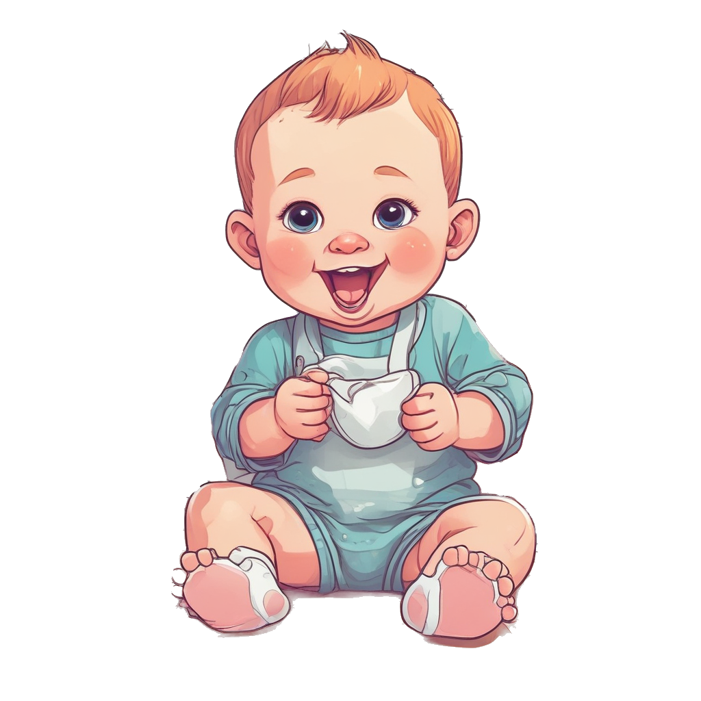 Cute cartoon baby eating, vector illustration style, bright and cute colours, sketch style, smiling face, sitting on the floor, wearing nappy and white socks, exaggerated facial expression showing happy emotions.Super detailed and best quality.