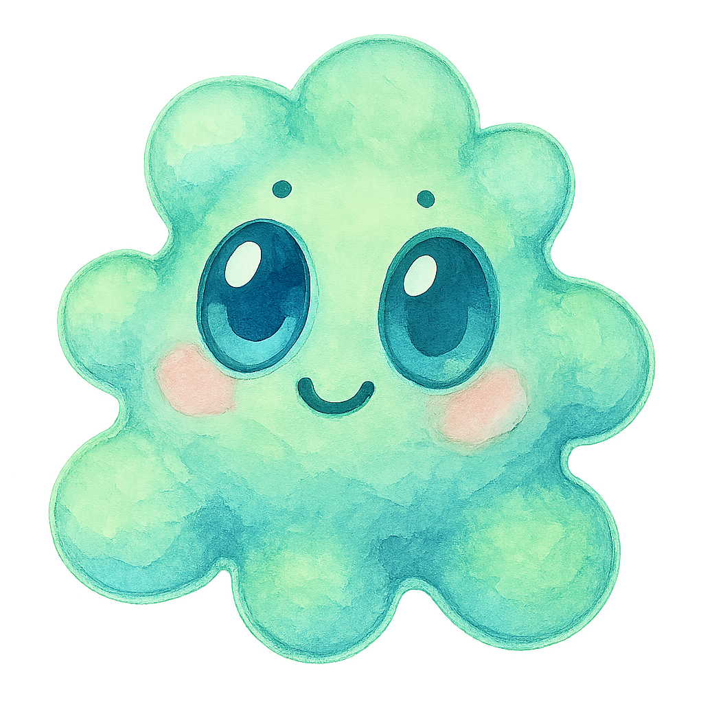 rich vibrant watercolor illustration, kawaii microbiology character, soft round probiotic amoeba buddy made of pillowy connected blobs, soft pastel microbiology palette (main colors seafoam green and baby blue with gentle mint accent only, not full rainbow), large shiny oval eyes with deep black pupils and big pale blue + pale pink reflective highlights (non-white so they remain visible on transparent PNG), tiny dot eyebrows, small smiling mouth, rosy cheeks, soft diffuse watercolor edges, no text, no border, transparent background