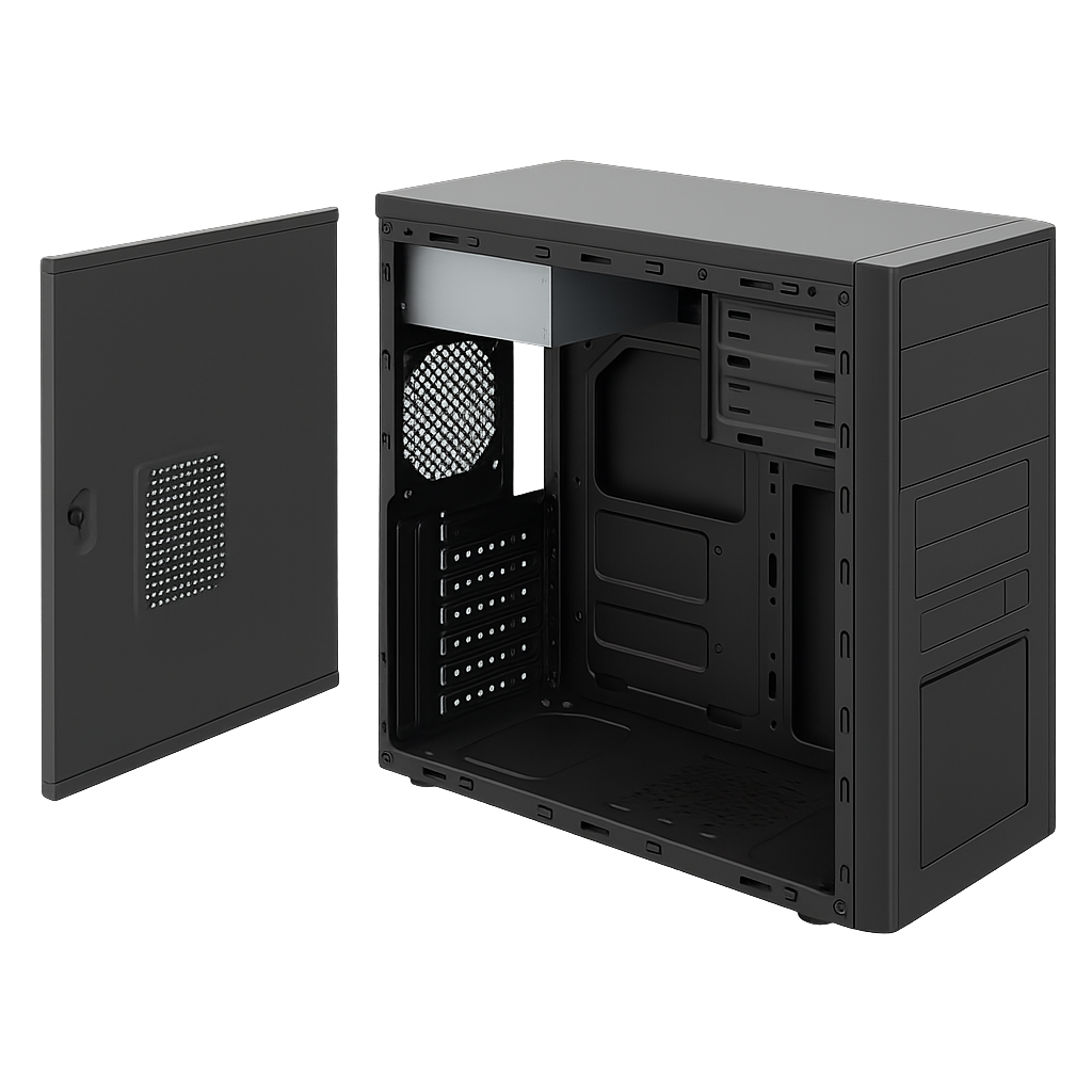 Generate each individual part of a System Unit according to these instructions so I can animate it building itself together in a pptx, also include all internal parts: 1. **Open the Case** – Remove side cover screws and slide off panel. 2. **Install Power Supply** – Secure with four screws and ensure proper alignment. 3. **Attach Components to Motherboard:**     * Install CPU → apply thermal paste → mount heat sink and fan.    * Connect CPU fan to motherboard. 4. **Install RAM:** Align notches, press until side tabs lock. 5. **Install Motherboard:** Use standoffs and screws; connect 20/24-pin and 4-pin power connectors. 6. **Install Drives:** Mount HDD (3.5") and optical drive (5.25"), connect SATA and power cables. 7. **Connect Internal & External Cables:** Keyboard, mouse, monitor, speakers, etc. 8. **Plug into UPS or Surge Protector.** 9. **Power On:** Press CPU then monitor power button → OS loads.