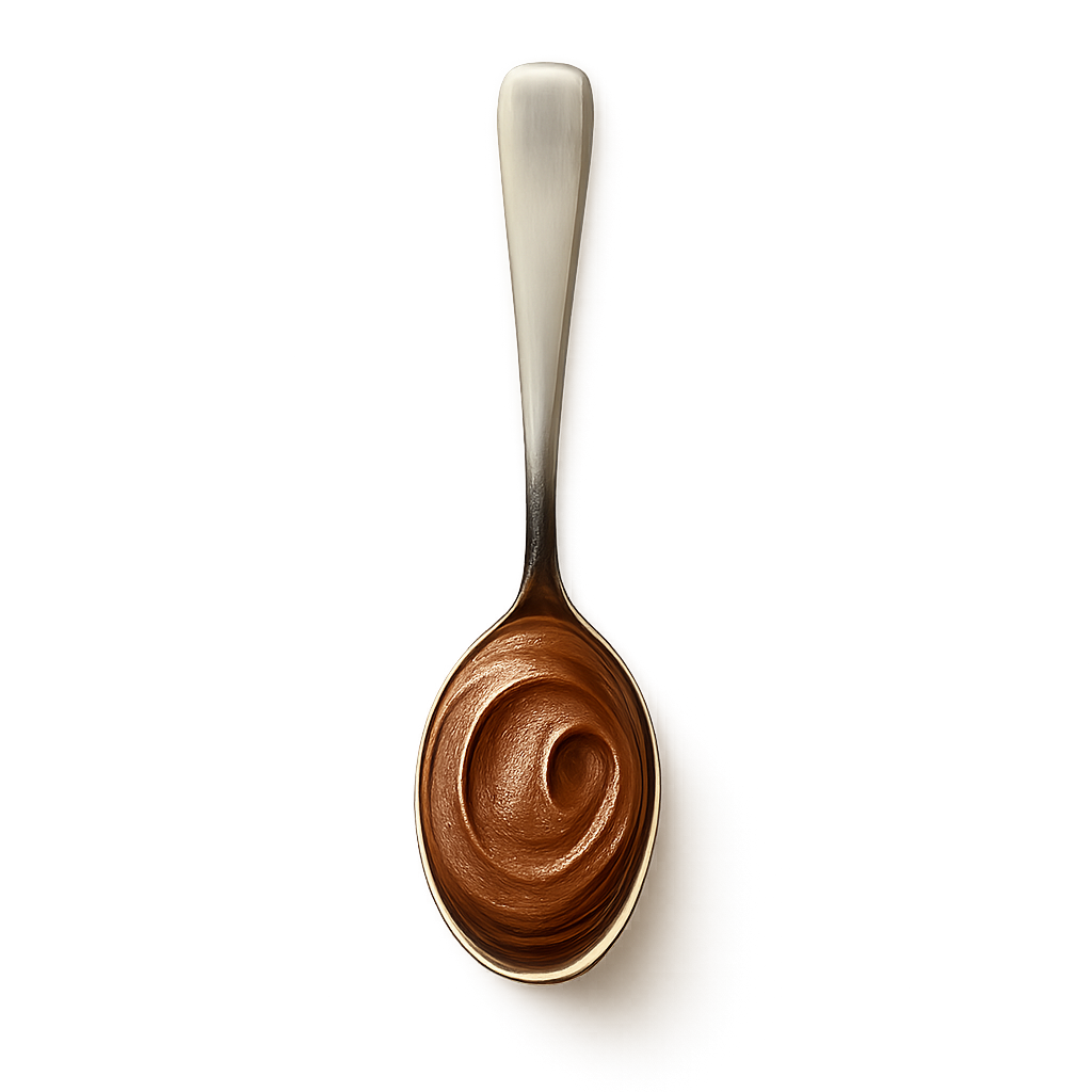 A full stainless steel spoon filled with creamy smooth chocolate peanut butter, photographed from a top-down overhead angle. The spoon must be shown entirely from handle tip to scoop, with large empty space above, below, and around it so that nothing touches the edge of the image. The chocolate peanut butter should appear rich cocoa-brown, velvety, thick, smooth, and naturally glossy, with soft textured swirl lines.  Warm soft studio lighting for a premium, cozy, artisanal look. Include a soft, subtle shadow beneath the spoon so it appears gently resting on the label surface. Transparent PNG, no background.  Composition Requirements:  Spoon must appear small enough to fully fit inside the frame  At least 15–25% padding around all sides  Vertical centered orientation (handle at top, scoop at bottom)  Make sure the entire spoon is visible from end to end  Do NOT: crop any part of the spoon zoom in cut off the tip or handle tilt or angle the spoon create clutter or props change angle  Important: ZOOM OUT. EXTENDED CANVAS. FULL SPOON. GENEROUS EMPTY SPACE.