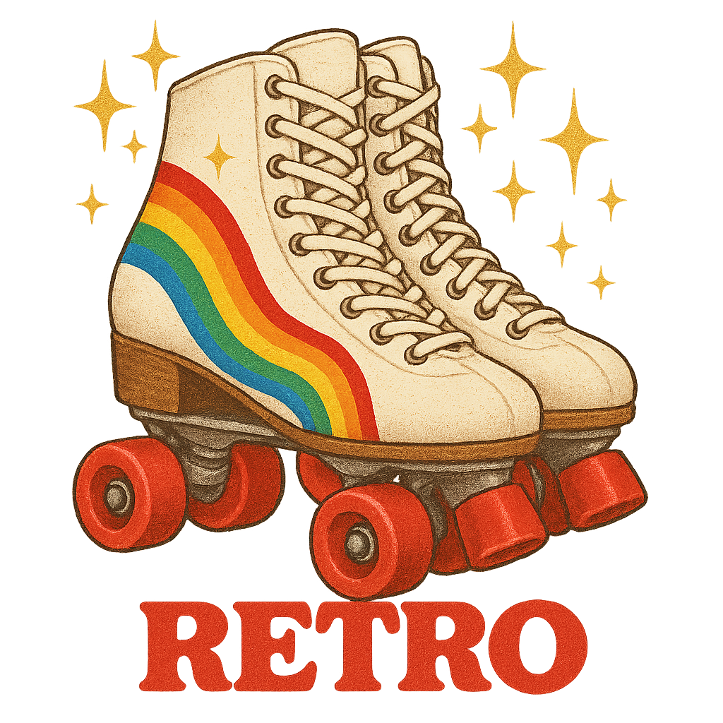 “Classic retro roller skates with rainbow stripes, sparkles, vintage 80s disco aesthetic, soft grain texture, bold retro typography”