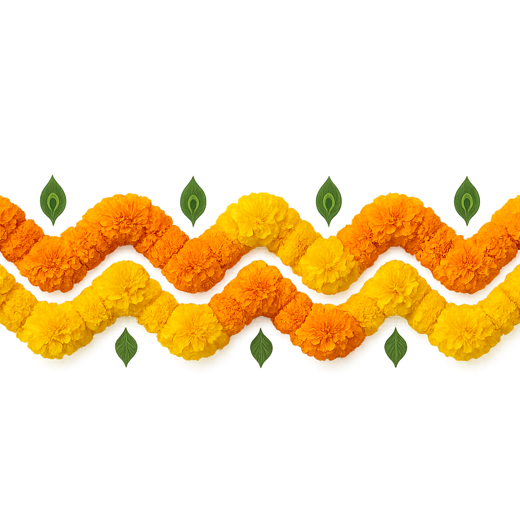 Traditional Indian marigold flower garland border design, wavy zigzag pattern made of bright orange and yellow marigold petals, accented with small green leaf or peacock feather motifs. Isolated on a plain white background, symmetrical, seamless horizontal border, high resolution, realistic festive texture.