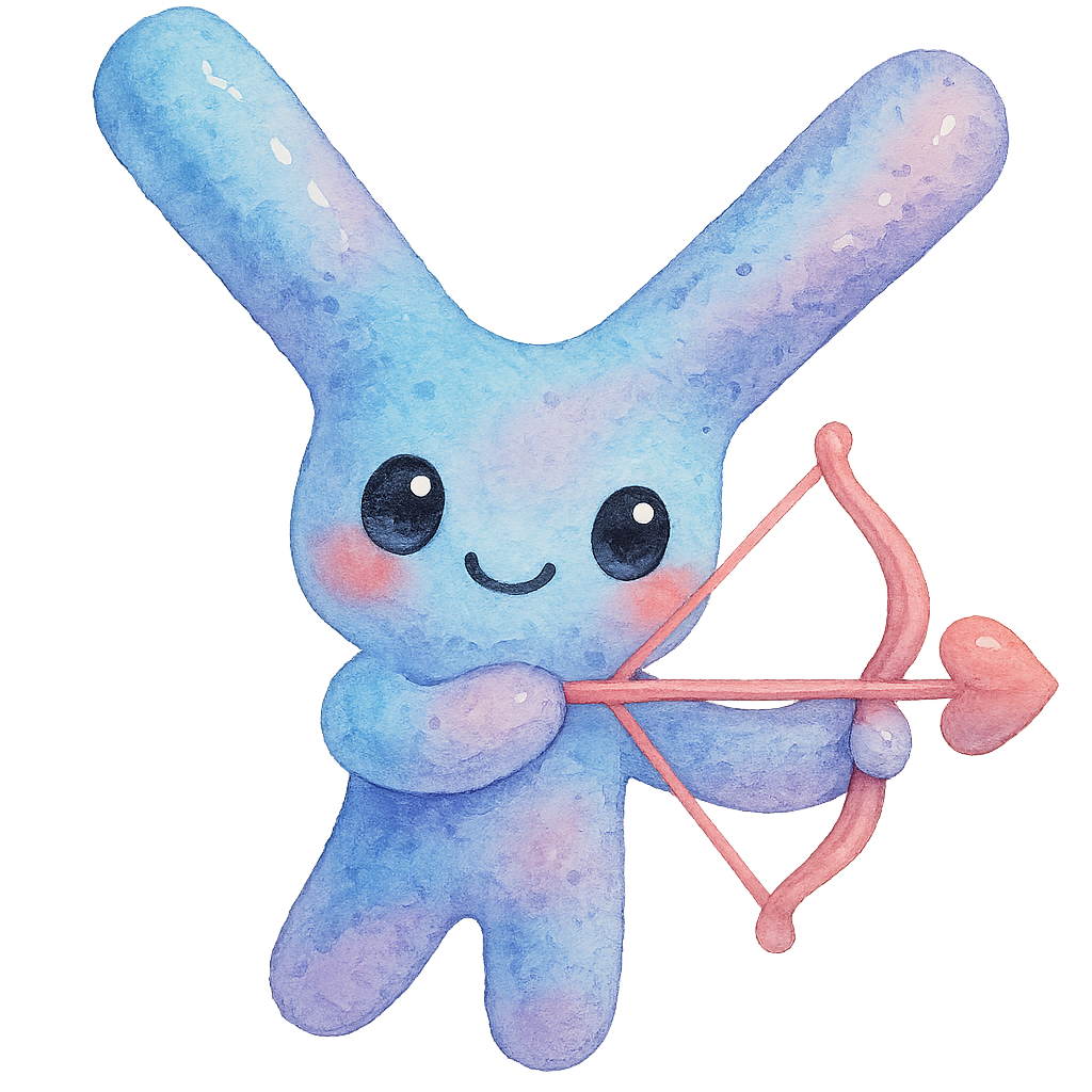 rich vibrant watercolor illustration, cute kawaii microbiology character, Y-shaped antibody archer with tiny rounded arms holding a cute heart-shaped bow (gentle playful pose), pastel sky blue and lavender pigments, big shiny eyes, rosy cheeks, soft edges, no text, no border, transparent background