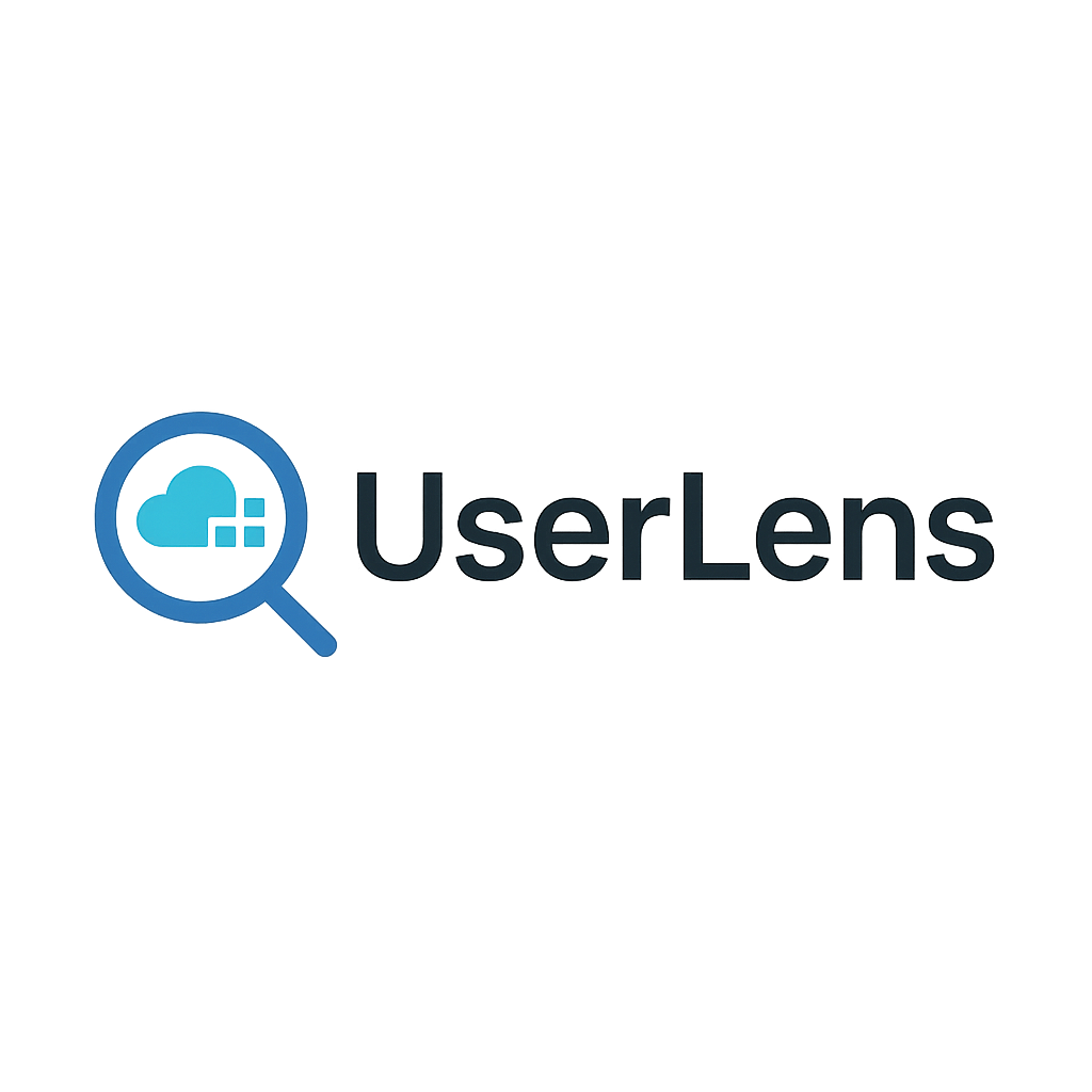 Professional modern logo for a software tool named UserLens, which lists and visualizes all a user's SaaS accounts. Icon on the left: stylized lens or magnifying glass with digital or cloud symbol, representing clarity and insight. Text “UserLens” on the right in clean sans-serif font. Blue and teal accents, minimalist vector flat style, transparent background PNG, centered horizontally, high resolution, no watermark.
