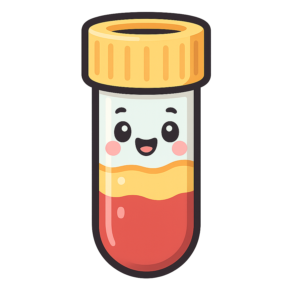 create a cartoon themed SST blood test tube cartoon character with a yellow cap and visible serum seperator gel layer, cute kid friendly aesthetic, thick smooth outline, bold pastel color palette, smiling adorable expression, vector style art, soft shading, professional print illustration. extremely sharp edges. maximum resolution pnggen is capable of.