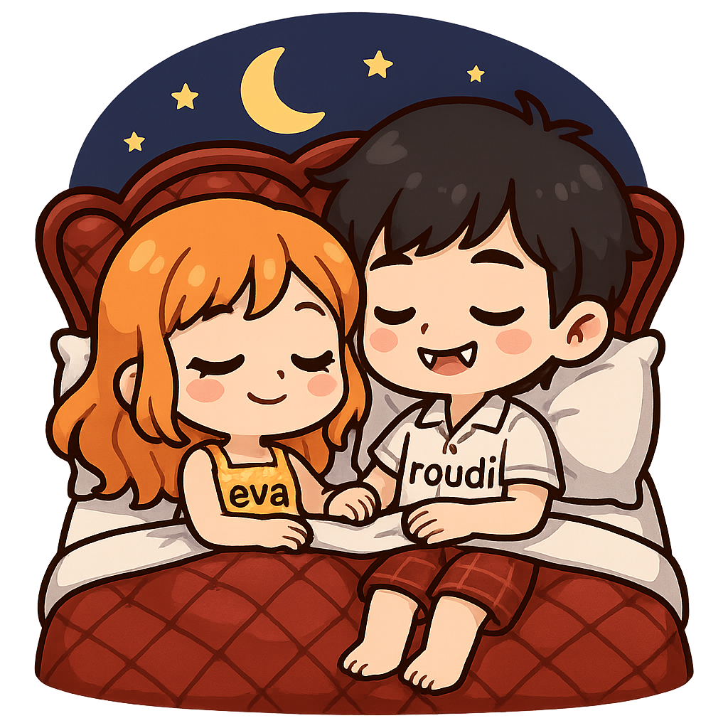 Cute cartoon couple, girl with orange hair and blue eyes wearing sweet dress of summer with "eva", boy with black hair and brown eyes vampire teeth wearing cute outfit of summer with "roudi", sleep in the lux bed of hearts in the night, sweet couple sticker style, transparent background, 512x512