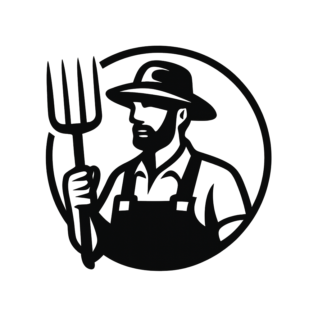 a logo of a farmer holding a folk