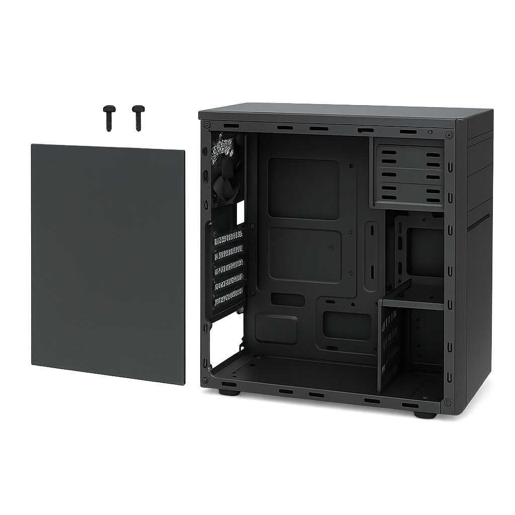 Generate each individual part of a System Unit according to these instructions so I can animate it building itself together in a pptx: 1. **Open the Case** – Remove side cover screws and slide off panel. 2. **Install Power Supply** – Secure with four screws and ensure proper alignment. 3. **Attach Components to Motherboard:**     * Install CPU → apply thermal paste → mount heat sink and fan.    * Connect CPU fan to motherboard. 4. **Install RAM:** Align notches, press until side tabs lock. 5. **Install Motherboard:** Use standoffs and screws; connect 20/24-pin and 4-pin power connectors. 6. **Install Drives:** Mount HDD (3.5") and optical drive (5.25"), connect SATA and power cables. 7. **Connect Internal & External Cables:** Keyboard, mouse, monitor, speakers, etc. 8. **Plug into UPS or Surge Protector.** 9. **Power On:** Press CPU then monitor power button → OS loads.