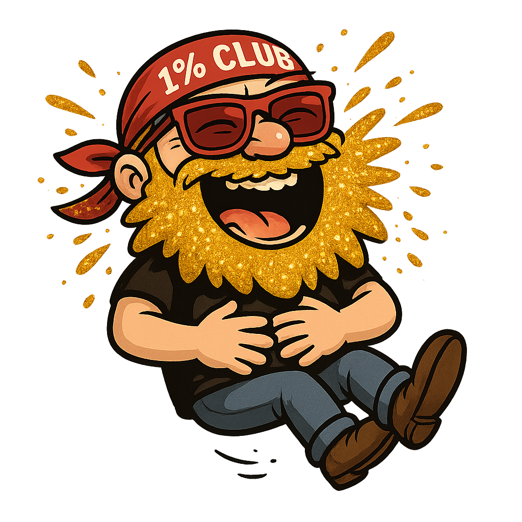 Same character as base prompt (golden explosion beard, red sunglasses, '1% Club' red bandana), now laughing hysterically with hands on belly, mouth wide open showing one missing tooth, golden beard particles flying, eyes squinted, legs crossed mid-air, transparent PNG.