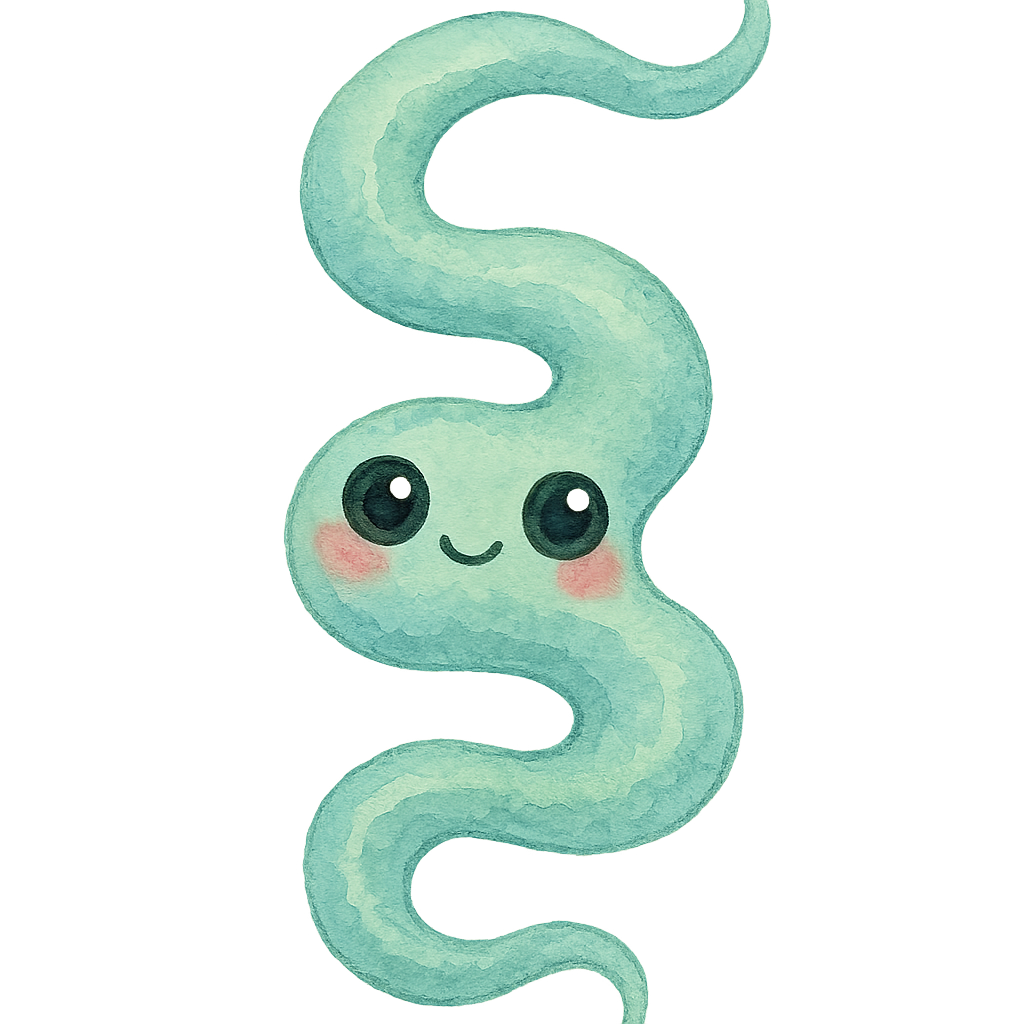 rich watercolor illustration, cute kawaii microbiology character, spirochete cutie, long spiral corkscrew-shaped microbe with smooth winding curves, soft turquoise and mint watercolor pigments blending together, big shiny eyes, rosy cheeks, gentle shading, watercolor paper texture, soft edges, no text, no border, transparent background