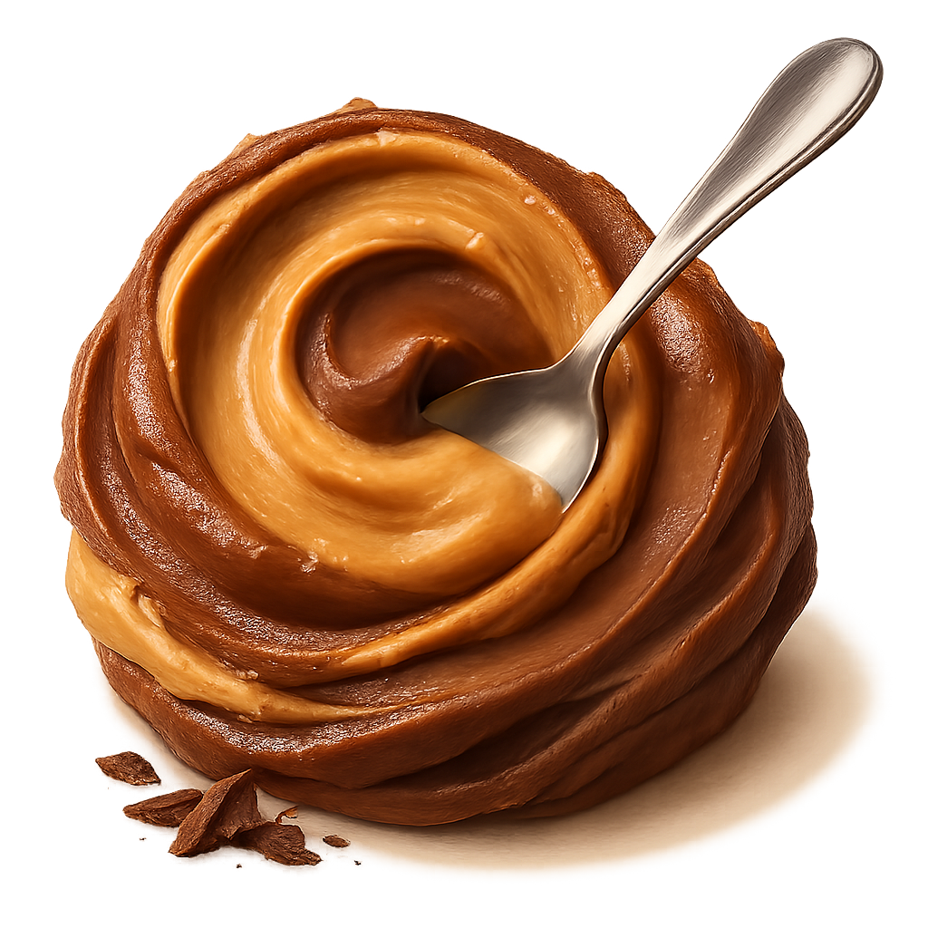 A realistic, appetizing swirl of chocolate peanut butter in rich cocoa-brown and warm nutty tones. The swirl must look natural and hand-scooped — with soft uneven ridges, gentle peaks, and organic flowing curves (NOT a perfect circle). The peanut butter should look creamy, very luscious with a velvety very smooth surface and natural glossy highlights almost oily, showing soft light reflections on the peaks and deeper shadows in the folds.  Place a shiny stainless-steel spoon **resting on the swirl**, not dipped in, Add a few small, subtle chocolate pieces or delicate chocolate shavings near the base — elegant and minimal. Soft warm studio lighting for a cozy premium feel. Include a soft natural shadow beneath to make the swirl and spoon appear resting on the label surface.  **Transparent PNG**, no background, no bowl, no table. Centered composition, photorealistic, artisan food photography style.  **Do NOT:** make the swirl perfectly circular,  or symmetrical.