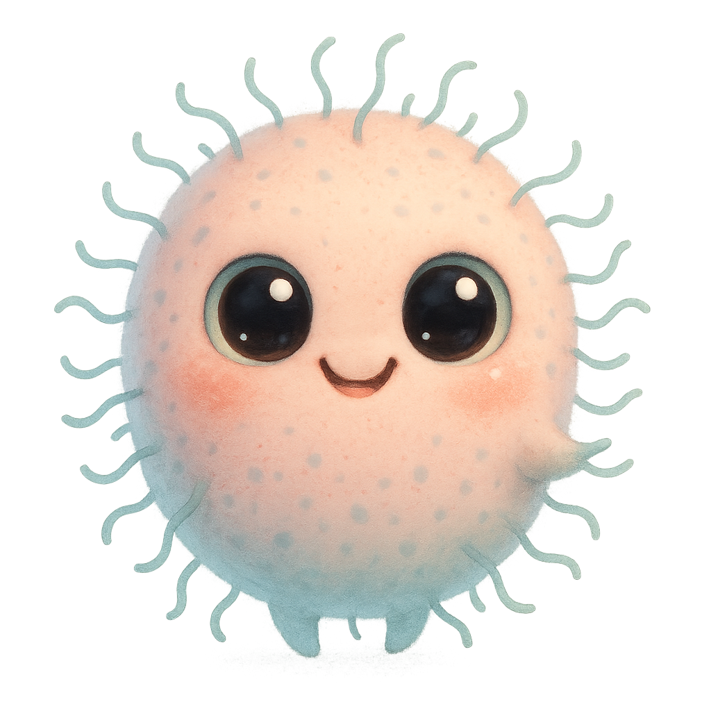 Cute round bacteria creature with big sparkling eyes, tiny waving flagella, soft pastel colors, smooth texture, friendly smile, friendly monster microbiology character, high detail, no text, no border, transparent background