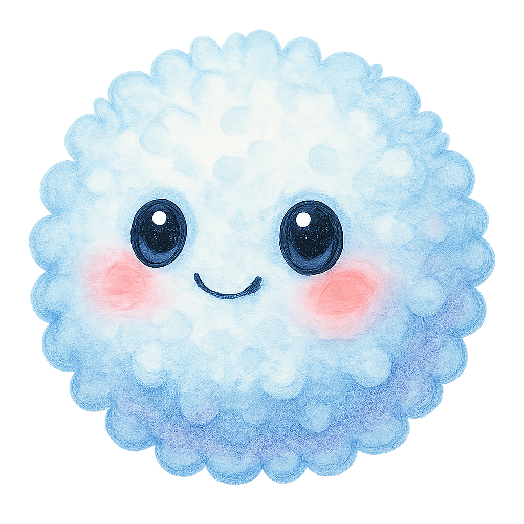 rich vibrant watercolor illustration, cute kawaii microbiology character, fluffy round white blood cell defender with soft cloud-like texture and gentle surface bumps, pastel baby blue and lavender blending, big shiny eyes, rosy cheeks, soft edges, no text, no border, transparent background