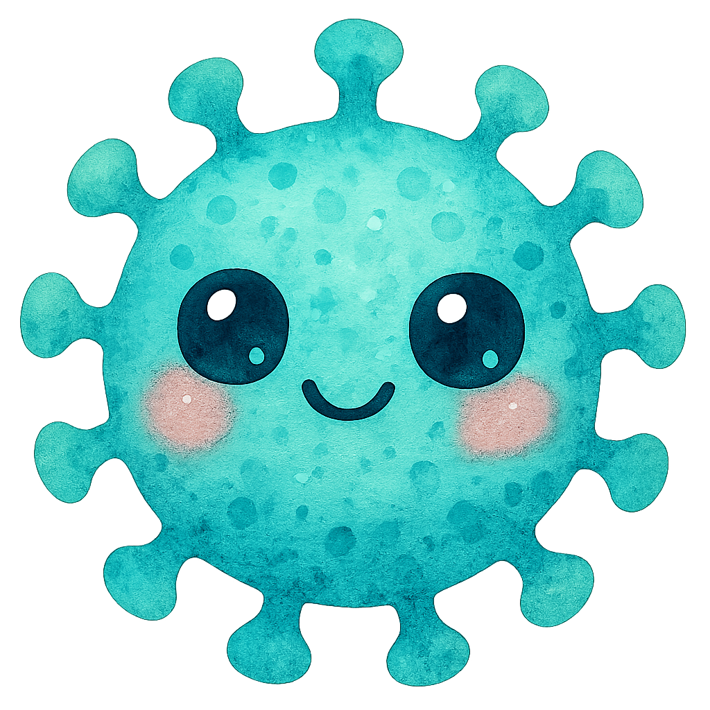 rich vibrant watercolor illustration, cute kawaii microbiology character, round bouncy virus creature with soft rounded spike proteins, teal and aqua watercolor pigments with mottled texture and granulation, big shiny eyes with pale blue and pale pink highlights so they do not disappear on transparency, rosy cheeks, tiny curved smiling mouth, soft edges, no text, no border, transparent background