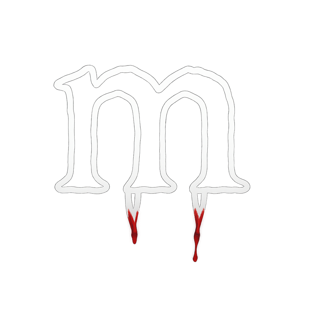 a white spooky outline of the lowercase letter m with bloody fangs