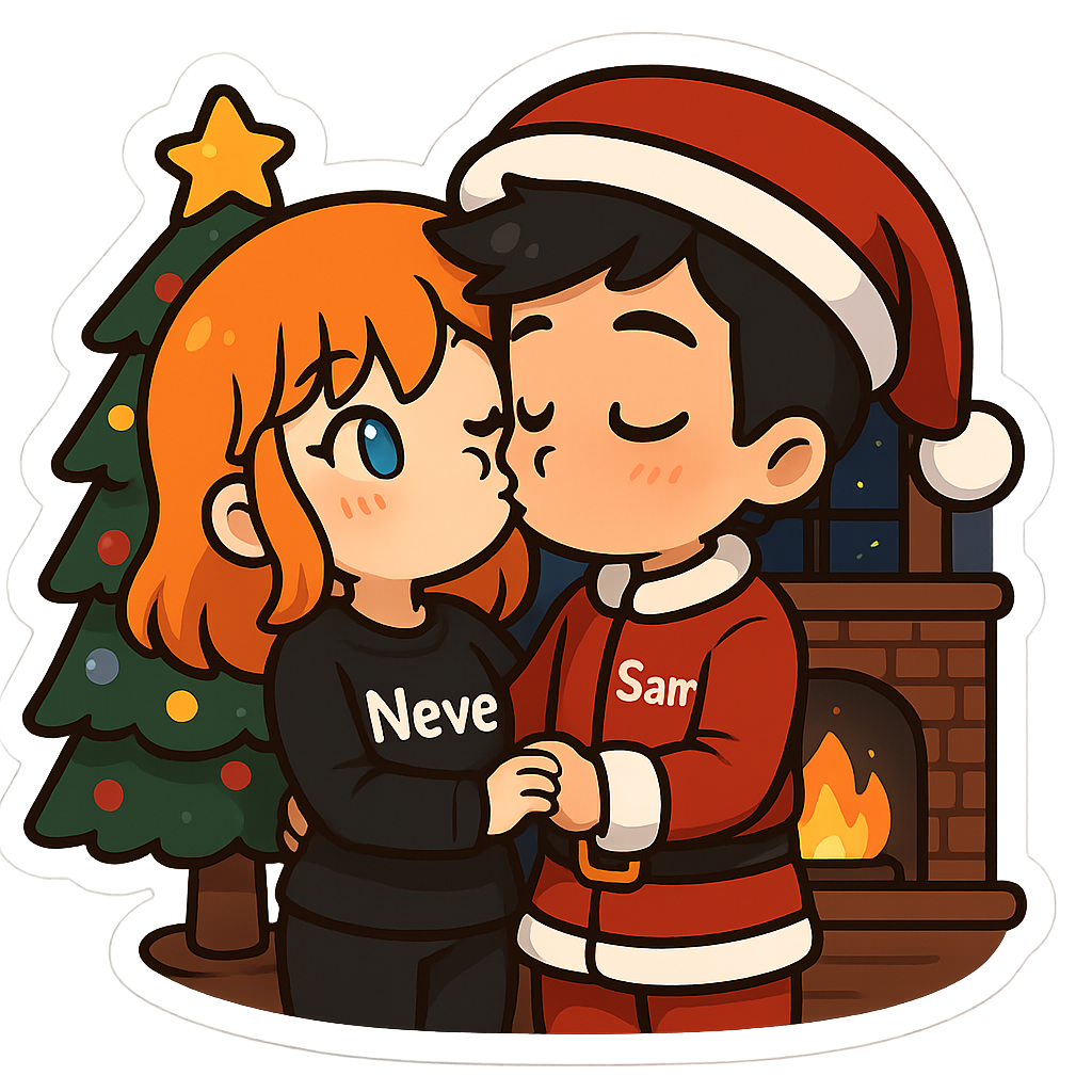 Cute cartoon couple, girl with orange hair and blue eyes wearing black pijama with "Neve", boy with black hair and brown eyes wearing christmas dress in the christmas christmas outfit with "Samum", kissing in the room of christmas in the night, sweet couple sticker style, transparent background, 512x512