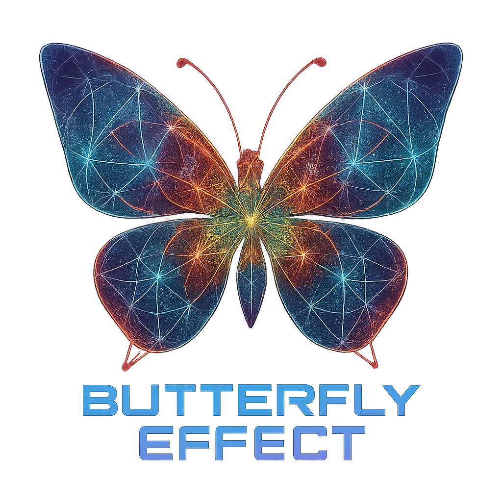 Abstract geometric butterfly made of glowing fractal patterns, symmetry design, with the phrase “BUTTERFLY EFFECT” in futuristic glitch-style typography, transparent background, high resolution, perfect for hoodies and posters
