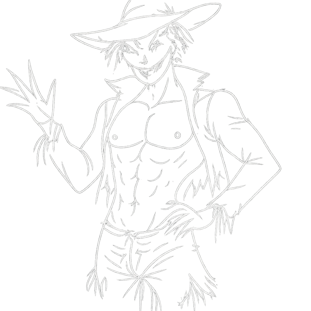 a white outline of a spooky, sexy male scarecrow