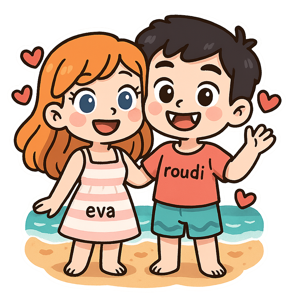Cute cartoon couple, girl with orange hair and blue eyes wearing sweet beach dress of summer with "eva", boy with black hair and brown eyes vampire teeth wearing cute outfit of beach with "roudi", happy in the beach of hearts , sweet couple sticker style, transparent background, 512x512
