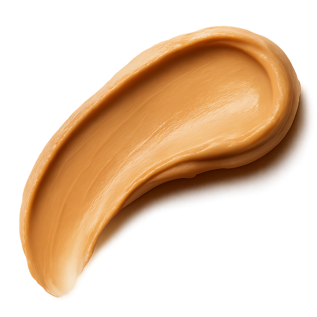 A smooth, appetizing peanut butter swash spread in an elegant curved stroke, rich golden-beige tones, creamy and glossy texture with natural highlights, appearing thick and luscious. The edges of the spread are soft and organic, as if lightly smoothed with a knife. Warm soft lighting to enhance depth and richness. Include a gentle, realistic shadow beneath the swash so it appears resting on the label surface. No background, no plate or surface — transparent PNG, photorealistic detail, premium artisanal food styling, refined and minimal, cozy warm visual mood.make the swash shape slightly dynamic and flowing, like a natural brush stroke, visually guiding the eye across the label.